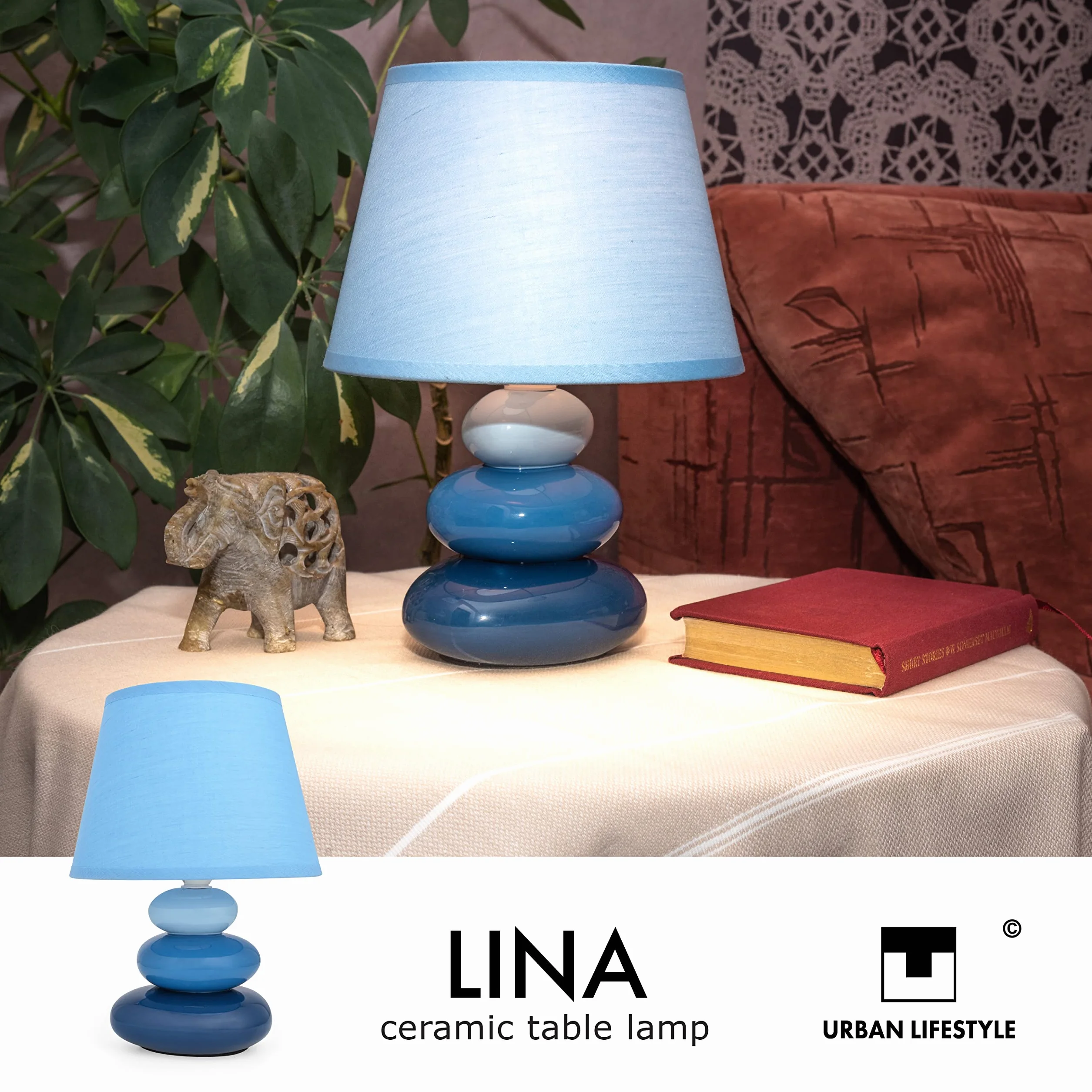Lámpara mesita noche azul cerámica pantalla tela E14 230V LED