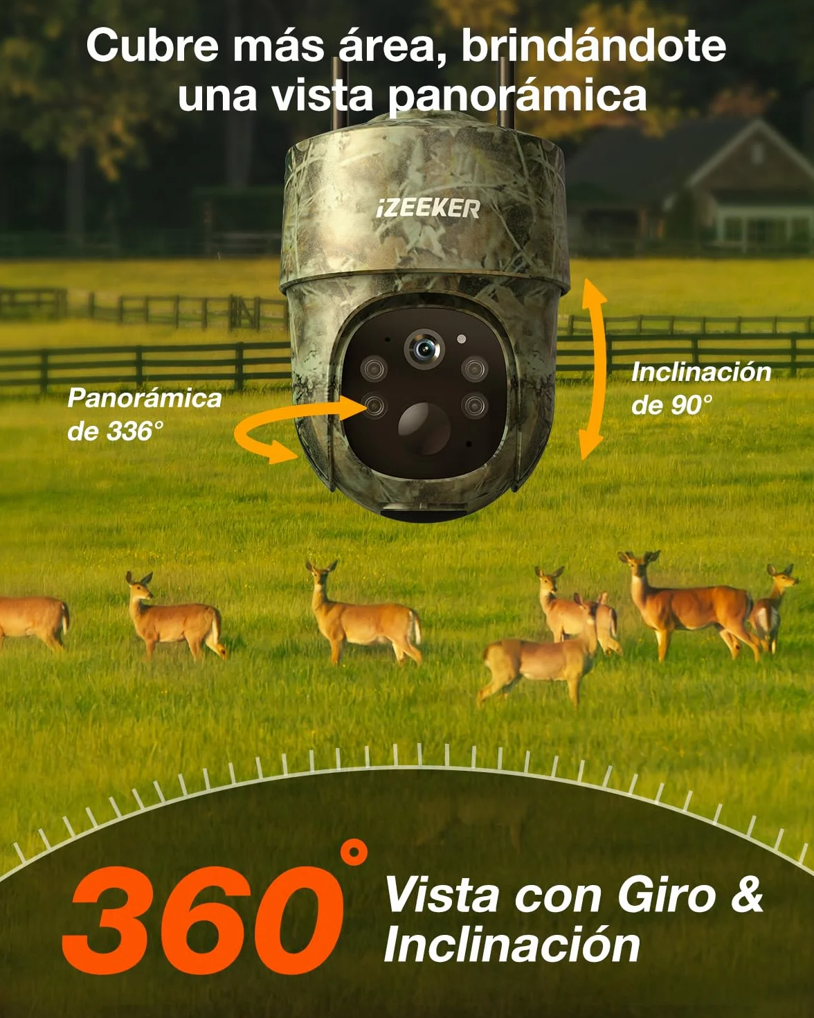 iZEEKER 4G LTE Cámara de Caza Solar, Cámara de Fototrampeo 2K PTZ con Tarjeta SD & SIM Vista Completa de 360° Transmisión en Vivo IR Sin Brillo Visión Nocturna Detección de Movimiento IP65 Impermeable