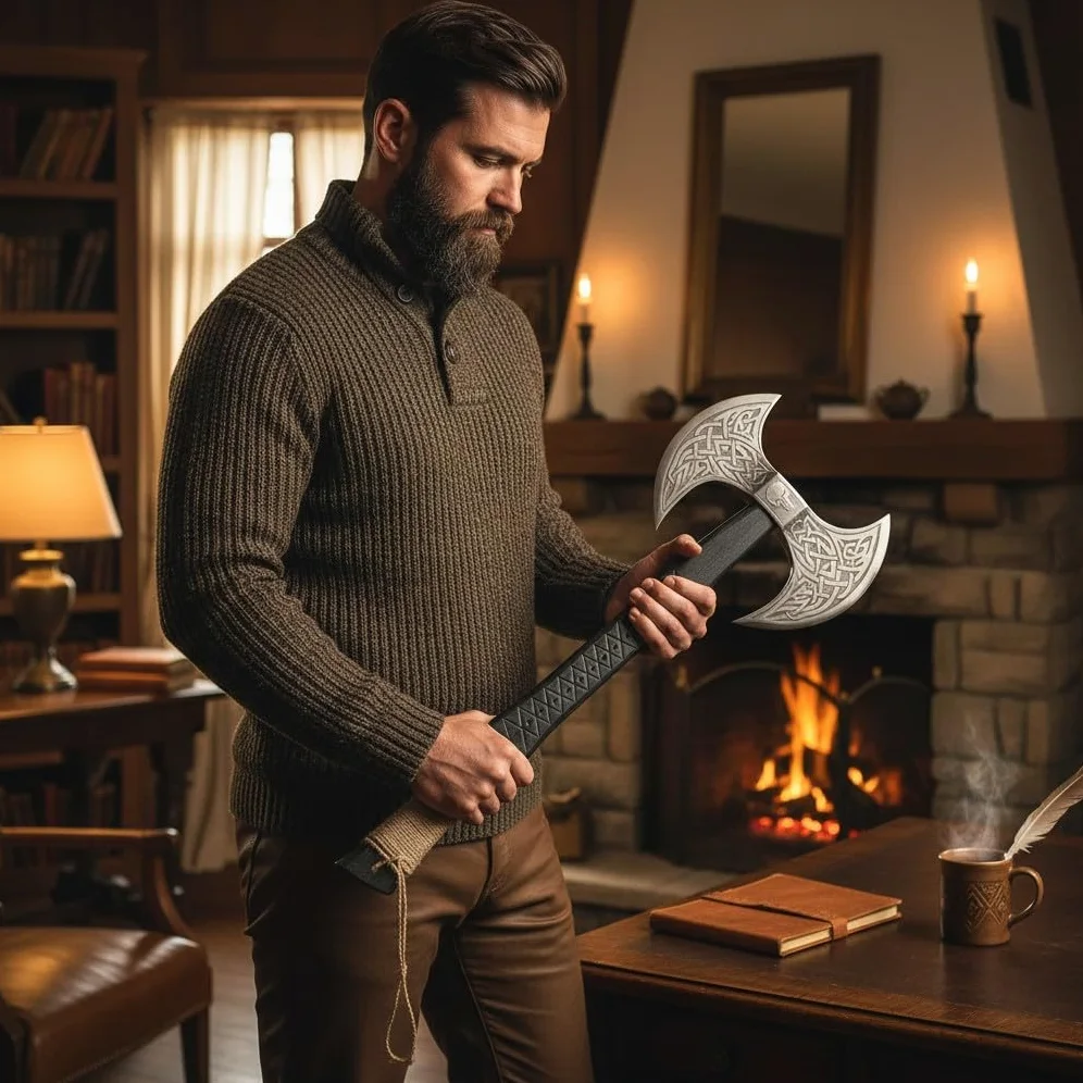 AX-7001 - Hacha vikinga de acero al carbono forjado con eje de madera de rosa, hacha de doble filo