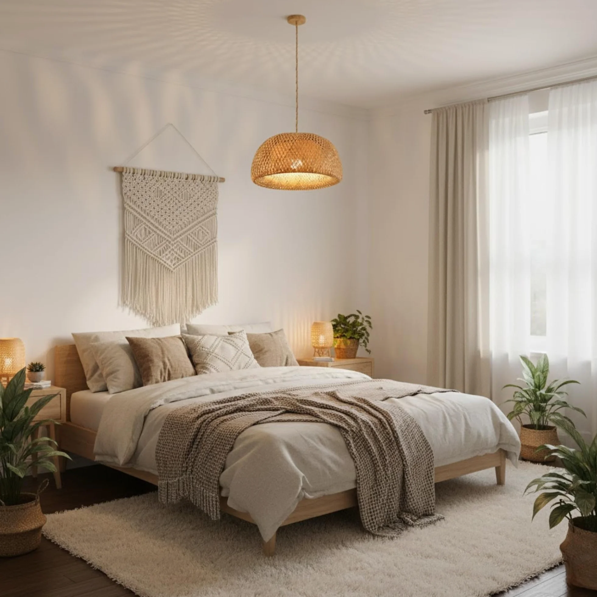 Lámpara colgante de mimbre Hanna LED Boho Rústica - Pantalla artesanal natural con cable ajustable para cocina, comedor