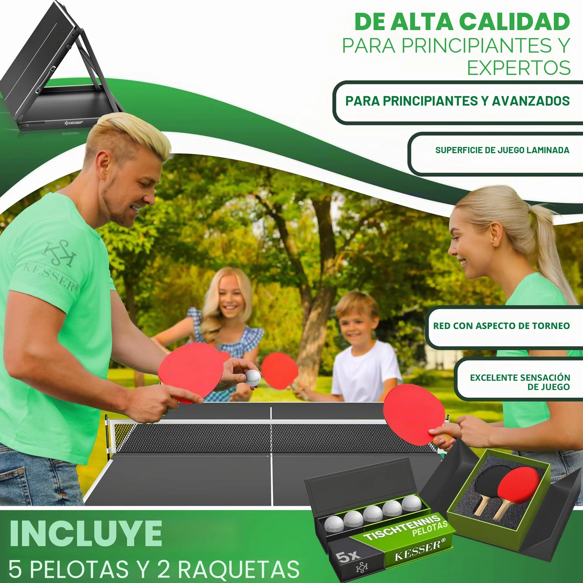 KESSER Mesa de ping pong Mini Outdoor Interior con raquetas, pelotas y red TT – Resistente a la intemperie – Plegable para viajes