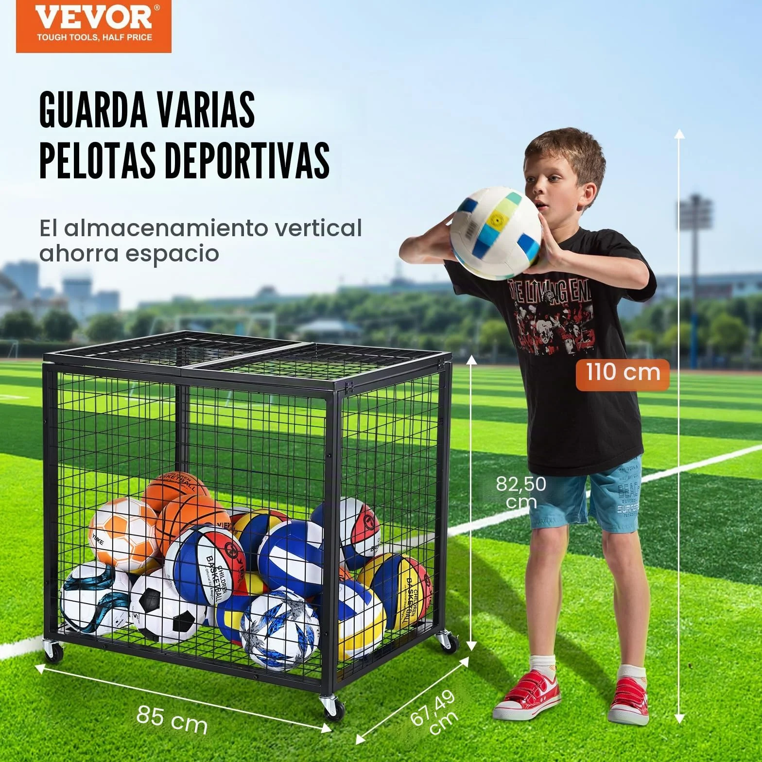 VEVOR Carro de Bolas con Cerradura 85x67,5x82,5 cm Jaula Móvil de Almacenamiento de Bolas con 4 Ruedas de Acero y Frenos Organizador para Equipo Deportivo Gimnasio Escuela Garaje Interior Exterior