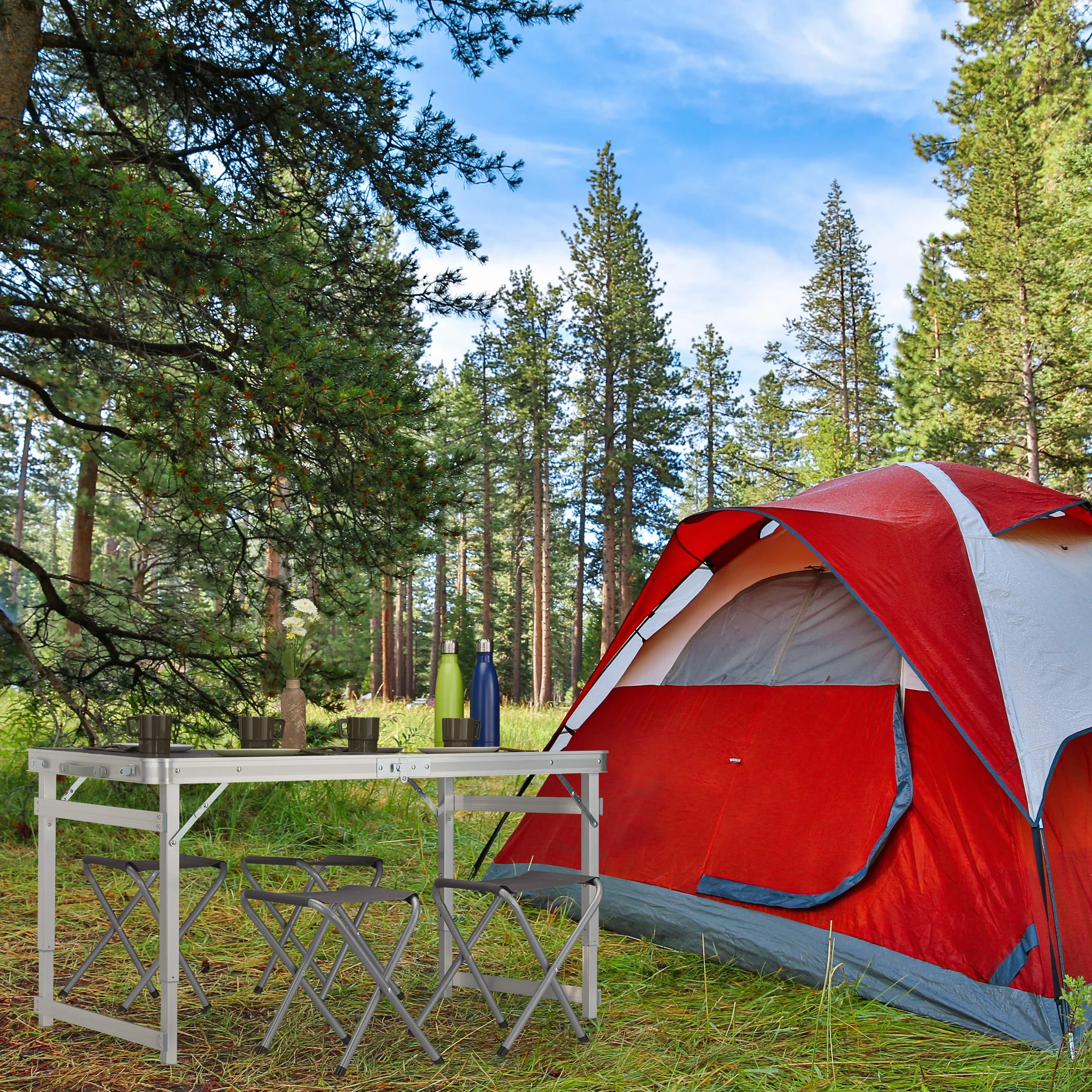 Relaxdays Set Muebles Camping, Plegable, 4 Sillas, Mesa, Altura Ajustable, 120 x 60 cm, Aluminio, MDF, Plateado/Gris