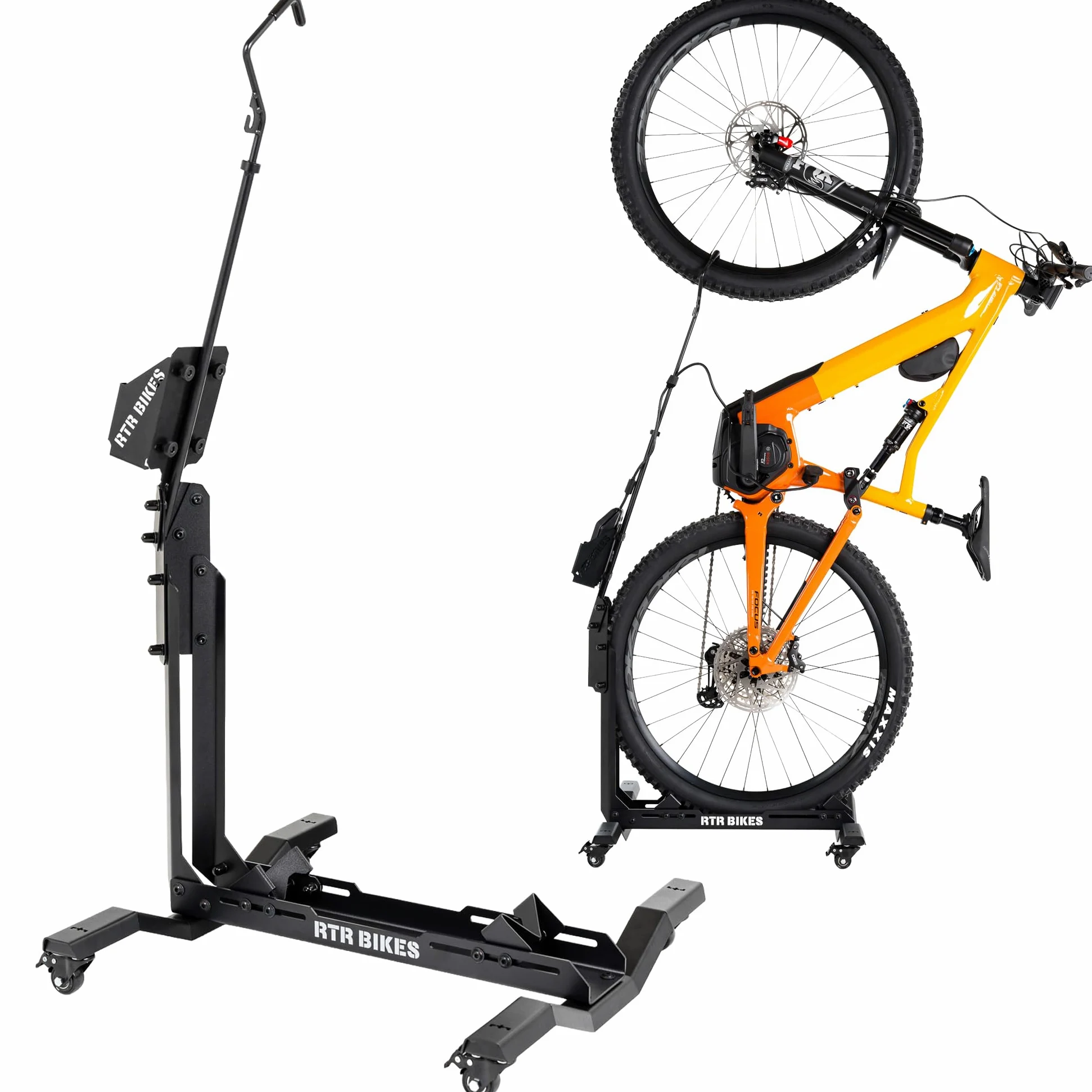 RTR BIKES Brutus Up Pro Soporte Bicicleta Móvil con Ruedas – Estación de Carga E-Bike con Porta Cargador – Rack Vertical hasta 30kg – Neumáticos 3,5" – Hecho en UE