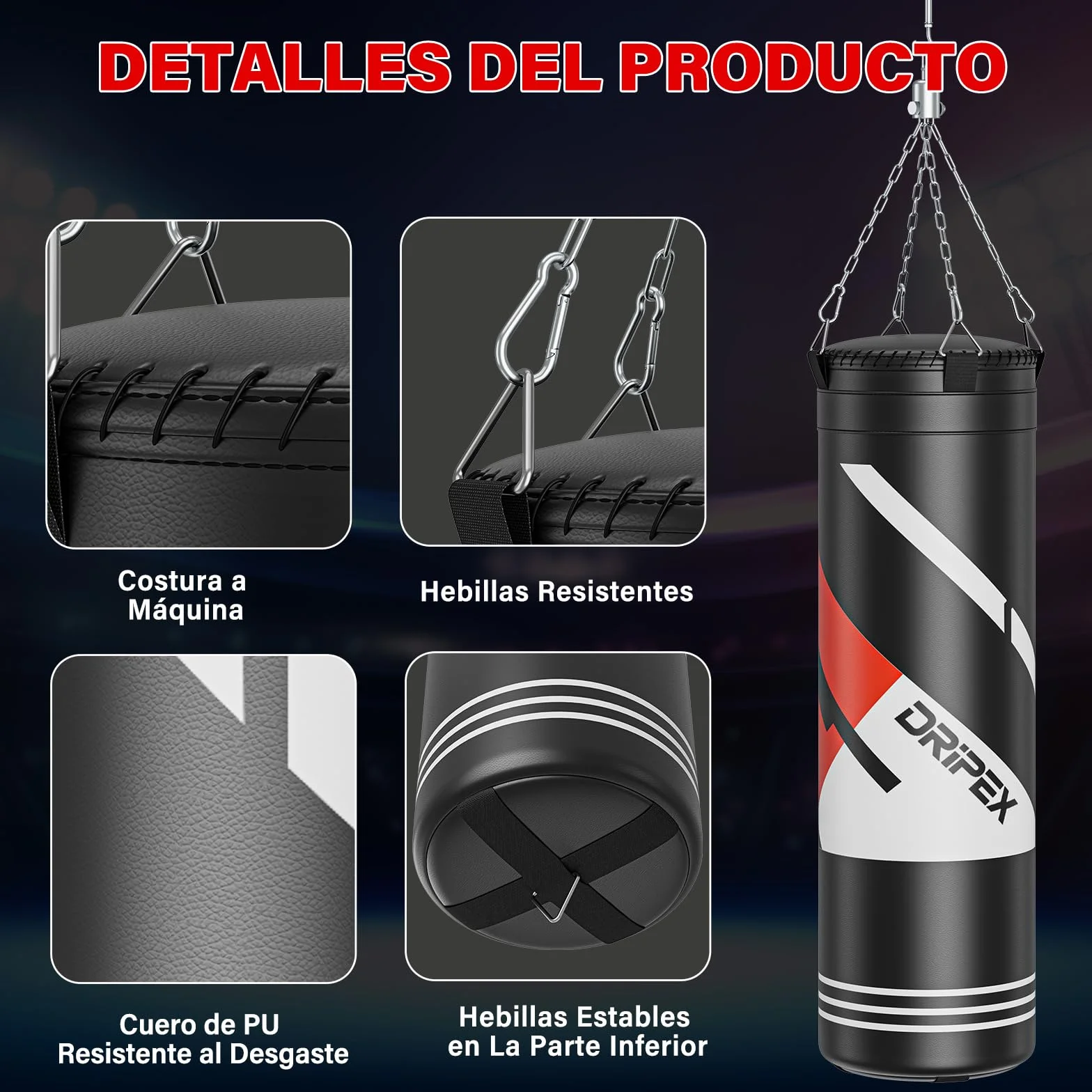 Dripex Saco de Boxeo Colgante para Adultos, Equipo de Entrenamiento de Saco Boxeo con 12oz Guantes, Cadena de Acero Giratoria de 360° para Kárate Kickboxing Muay Gimnasio en Casa