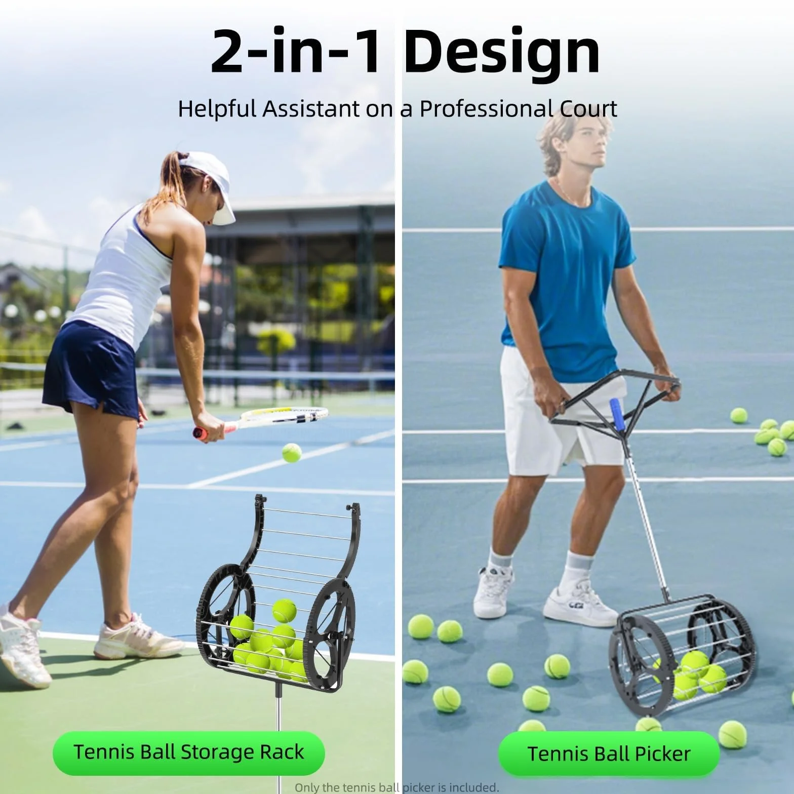 Recogedor automático de pelotas de tenis, capacidad de 80 pelotas, cesta de coleccionista de tenis 2 en 1, recogedor de pelotas rodantes con asa, tolva portátil para la escuela, club de cancha