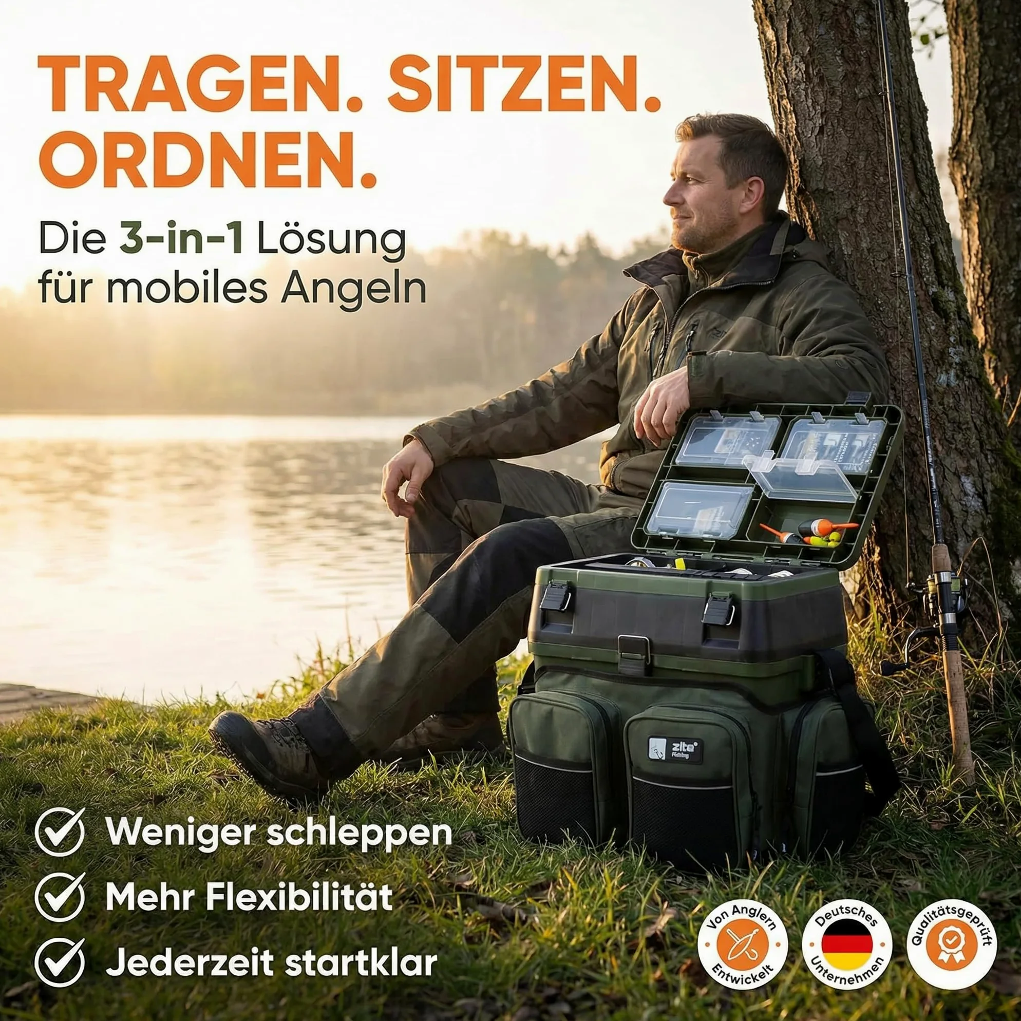Zite Fishing Mochila Multifuncional con Asiento - Incluye 4 Cajas de plástico en la Tapa - Ideal para Guardar Accesorios de Pesca