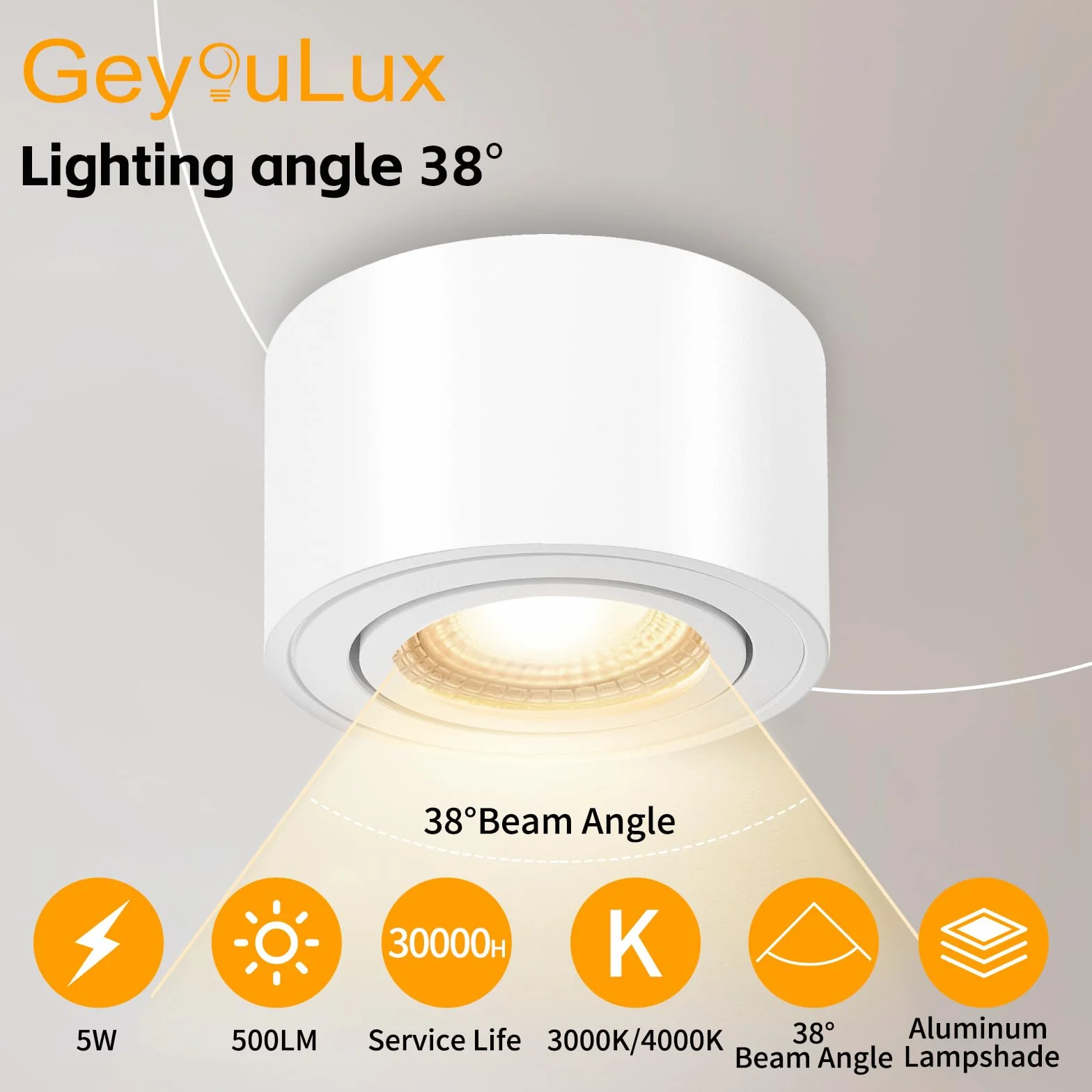 GeyouLux Focos LED Techo Superficie 230V 5W 500LM 3000K Ø80x50mm Ultradelgado Ajustable 38° Aluminio Blanco