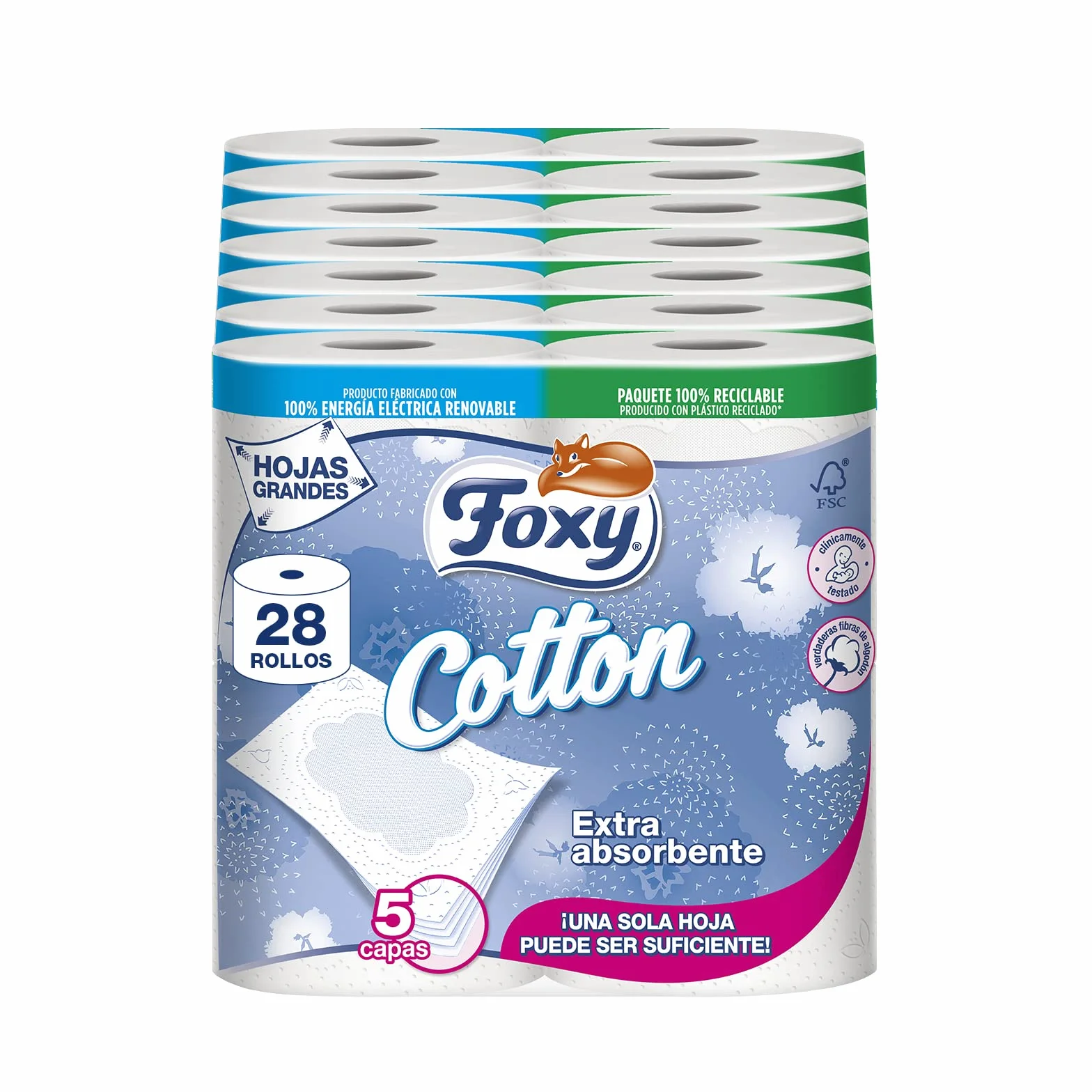 Foxy Cotton Papel higiénico 5 capas 28 rollos con fibras de algodón Certificación FSC