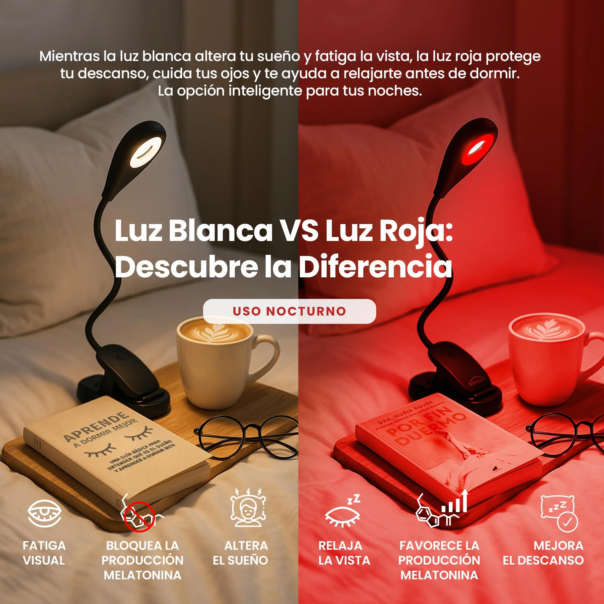 Lámpara Luz Roja Nocturna Melatonina 0% Luz Azul Sin Flicker Recargable USB 3 Intensidades Pinza Cuello Flexible 360°
