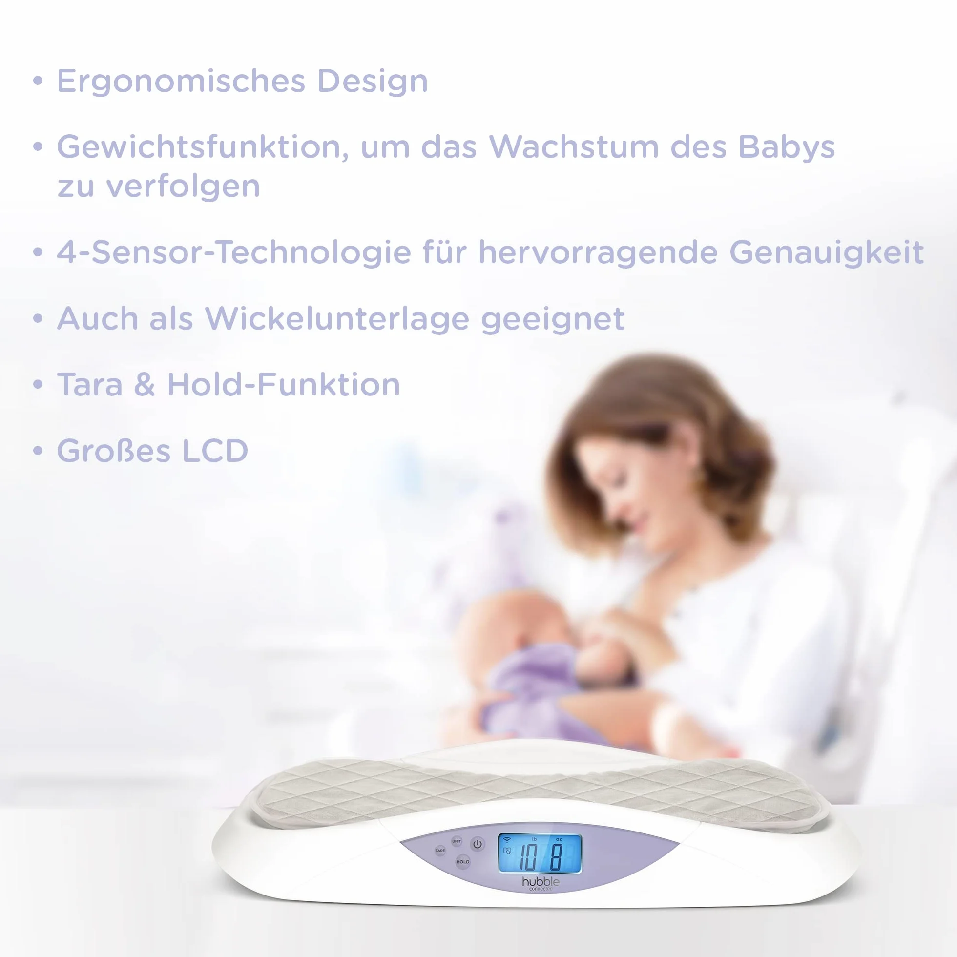 Hubble Connected Grow Báscula inteligente para bebés con Bluetooth, pantalla LCD, seguimiento de peso, cambiador suave, tara y retención, 4 sensores