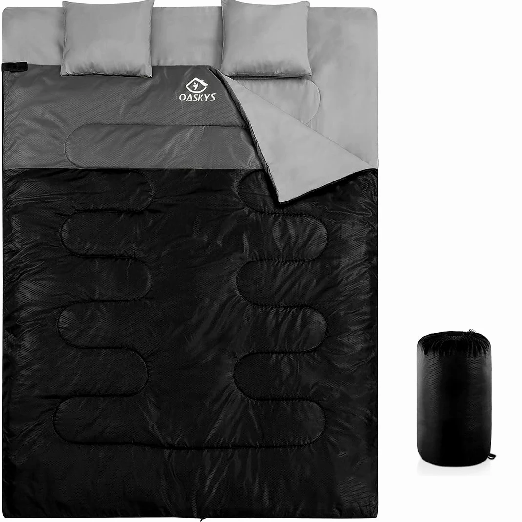 oaskys Saco de Dormir Doble para Adultos con 2 Almohadas, tamaño Queen XL, Impermeable, para Todas Las Estaciones, Camping, Senderismo, mochileros, Sacos de Dormir para 2 Personas, para Clima frío y