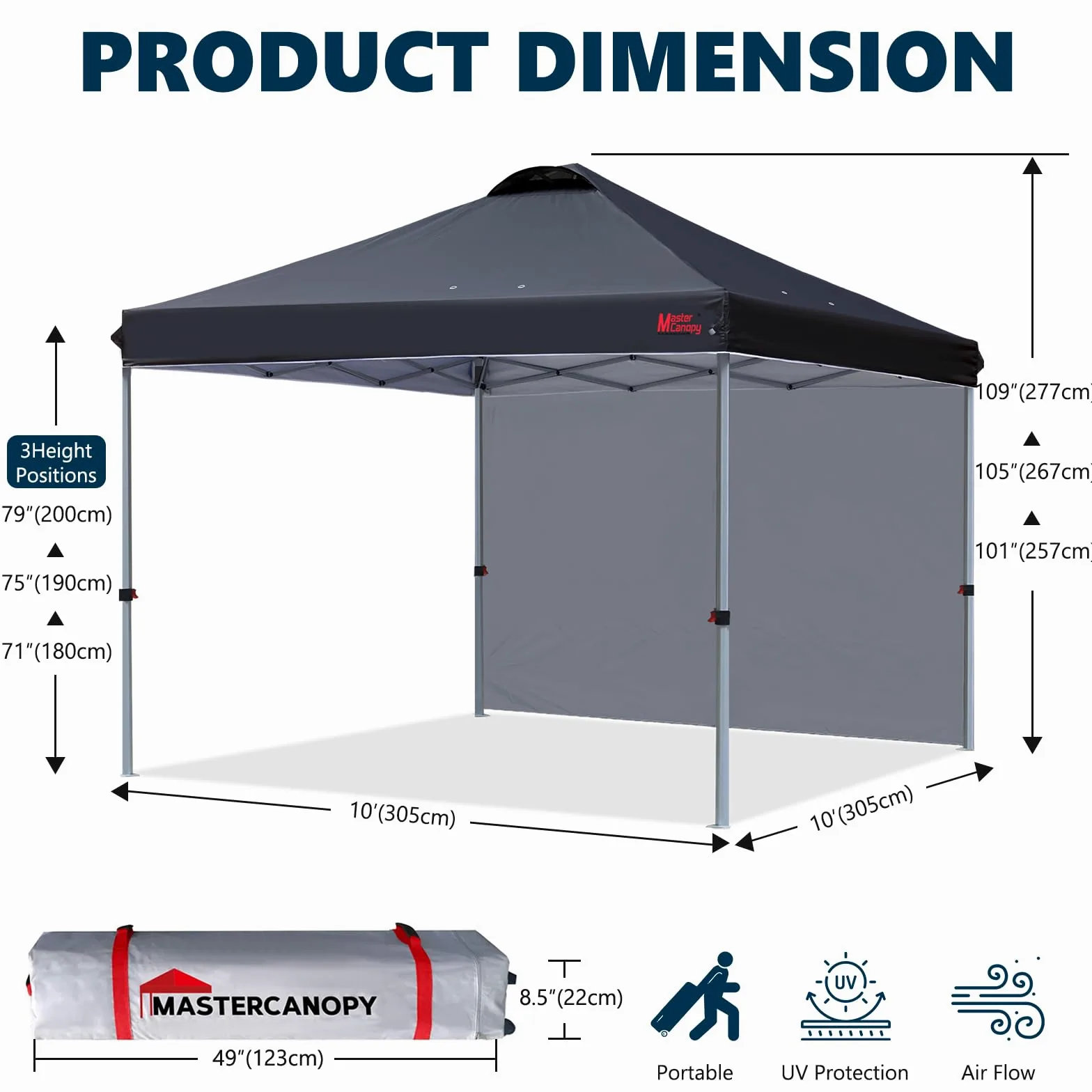 MasterCanopy Durable Ez - Tienda de campaña desplegable con 1 Pared Lateral (3 x 3 m, Negro)