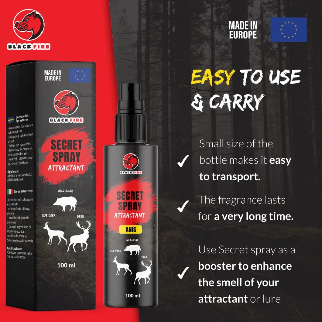 Spray Black Fire ® Spray con Aroma para jabalíes, Ciervos y corzos, Botella de 100 ml, Receta Secreta de anís - ¡Aumenta Tus Posibilidades de éxito Cuando caces!