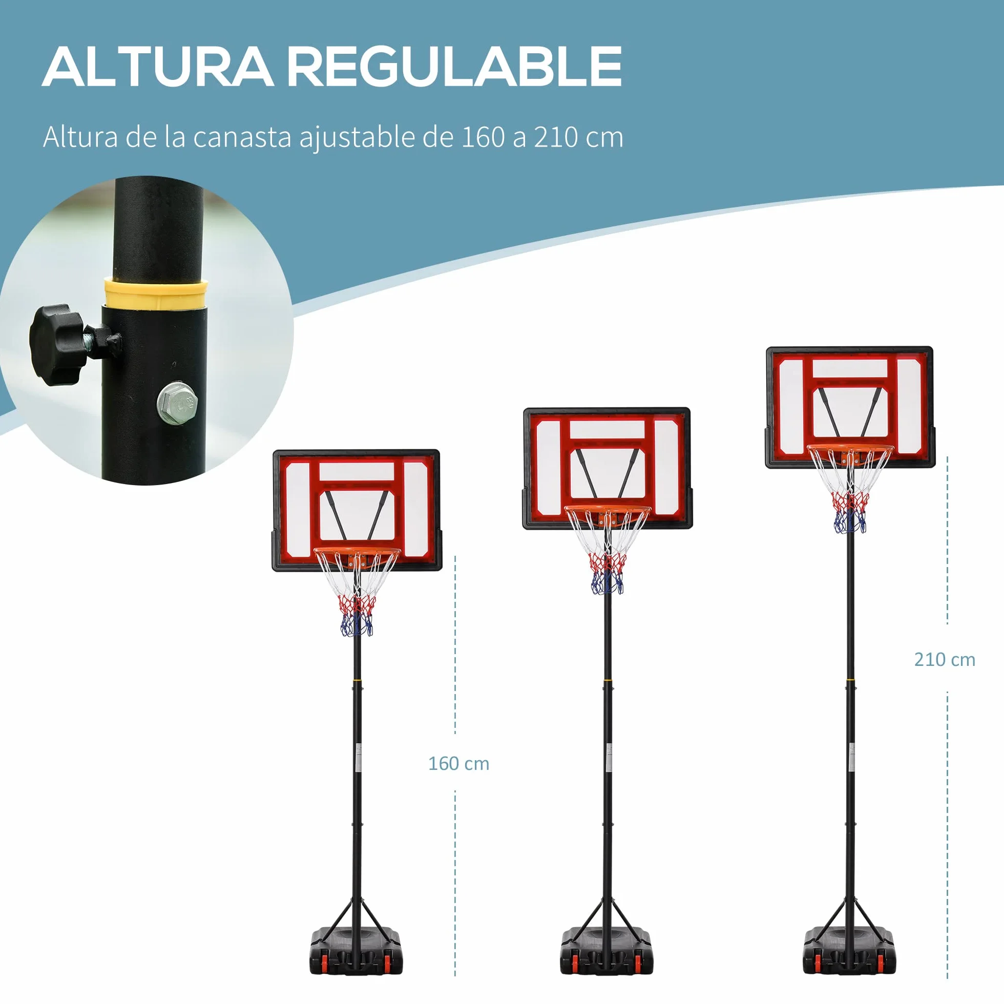 HOMCOM Canasta de Baloncesto Ajustable 205-261 cm Aro Portátil con Soporte de Acero Base Rellenable 2 Ruedas Transporte Rojo Negro
