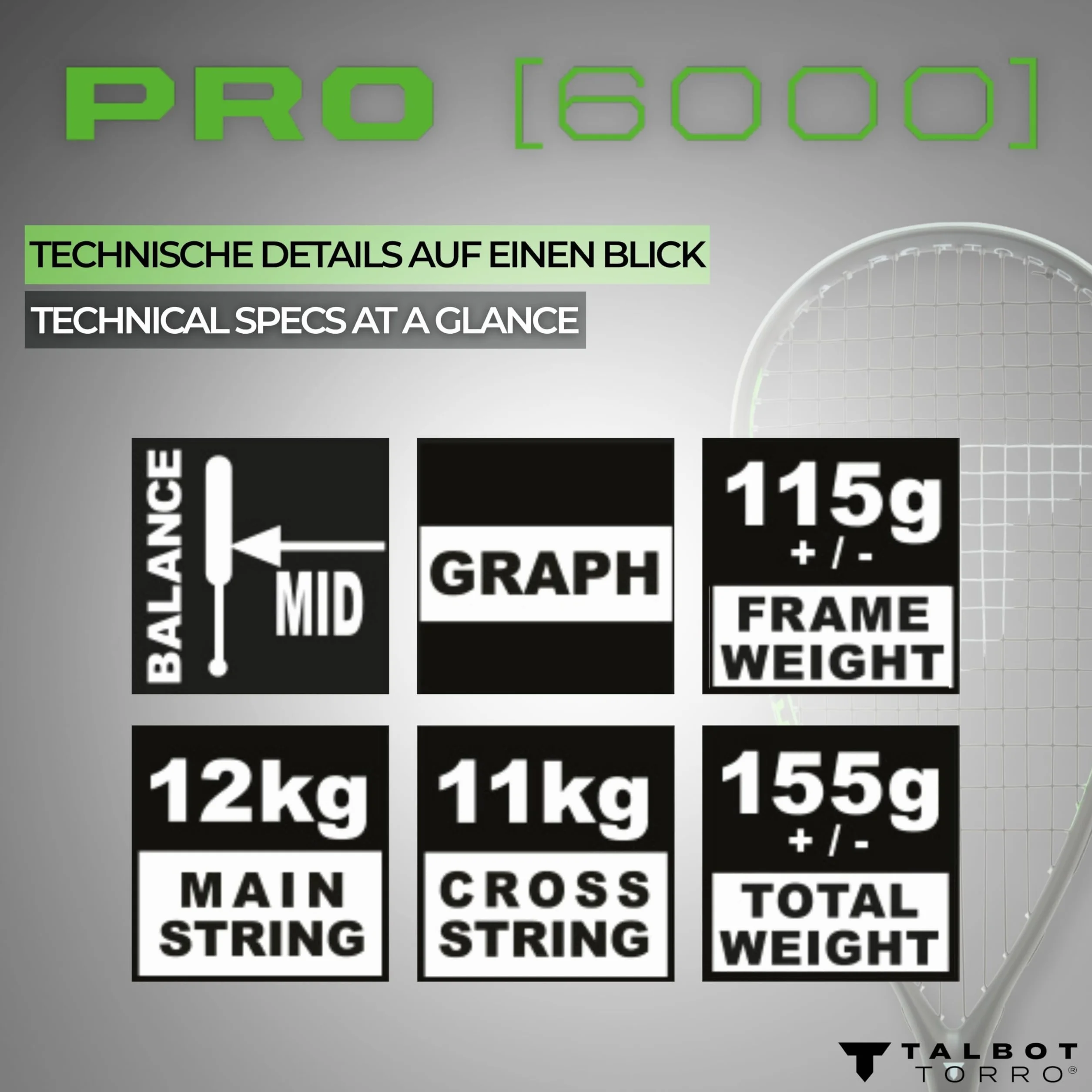 Talbot-Torro Pro 6000 Raqueta de Squash Carbono 4 Ultraligera Avanzados