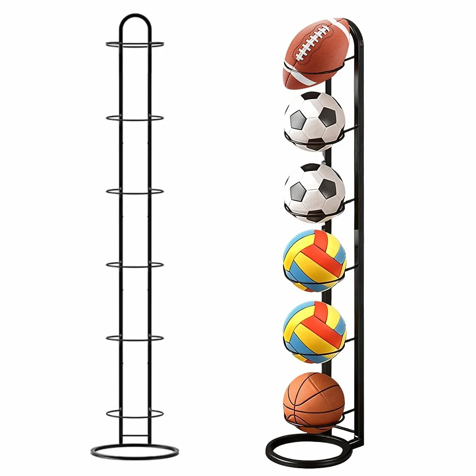Estante de Almacenamiento de Pelotas, 6 Niveles Soporte de Exhibición Vertical, Soporte para Bolas de Futebol Baloncesto, Negro Soporte Vertical para Pelotas de Futbol Voleibol Deportivas