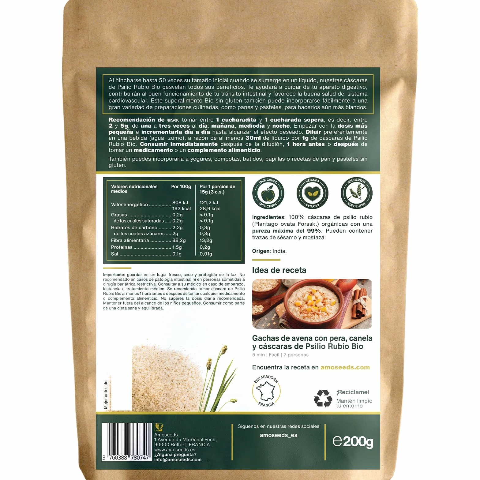 Psilio Rubio BIO 200G Cáscaras Psyllium Orgánico Máxima Pureza 99% Fibra Sin Gluten