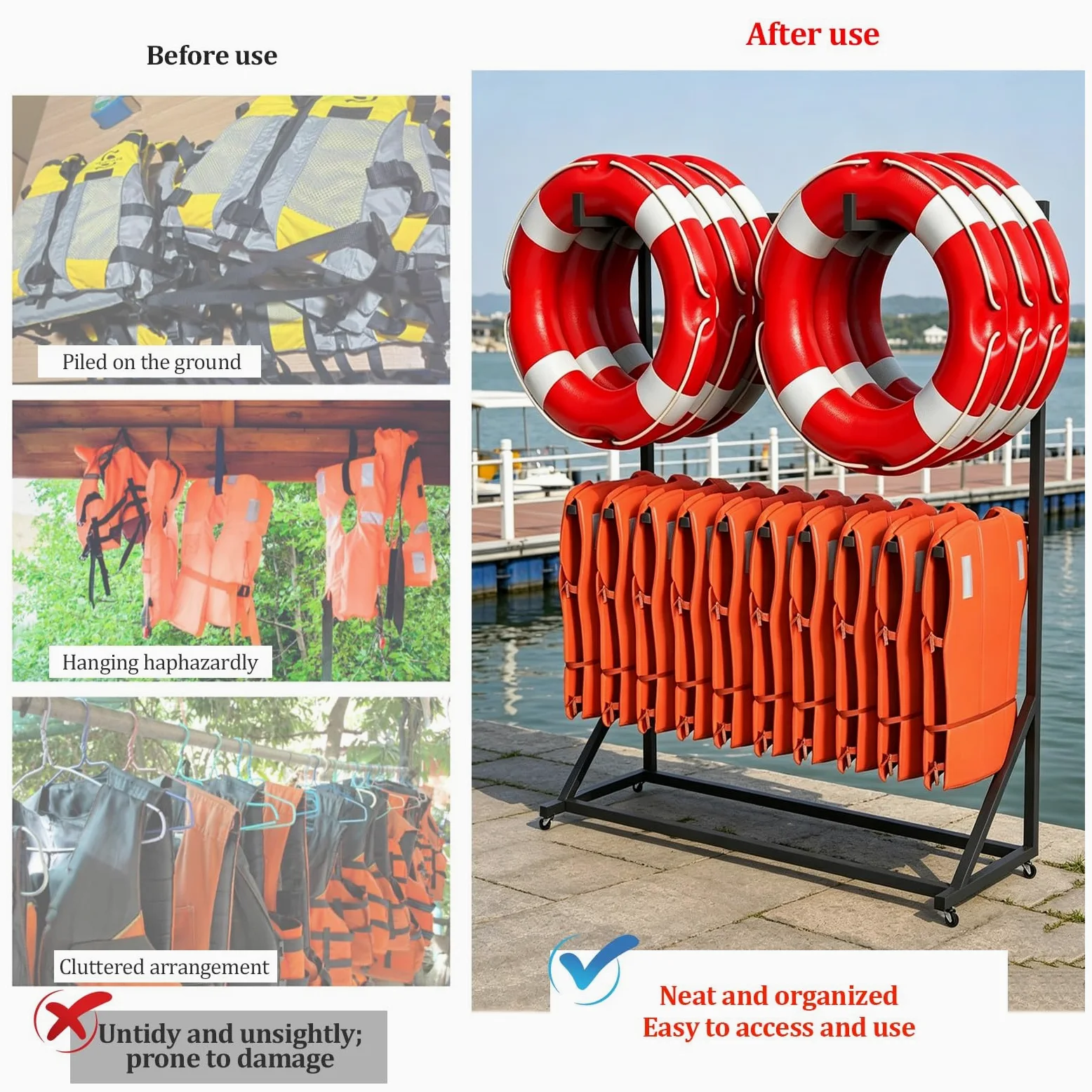 Estante de Almacenamiento para Equipos de Piscina, Soporte Resistente para Chalecos Salvavidas y Aros Salvavidas con Ruedas giratorias, Organizador Independiente para muelles, Capacidad
