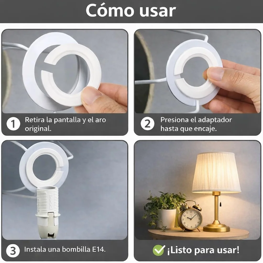 Anillos Reductores para Pantalla 42 mm a 29 mm, Adaptador E27 a E14, Convertidor Portalámparas, Plástico Blanco, PUNTO ES LIGHTING