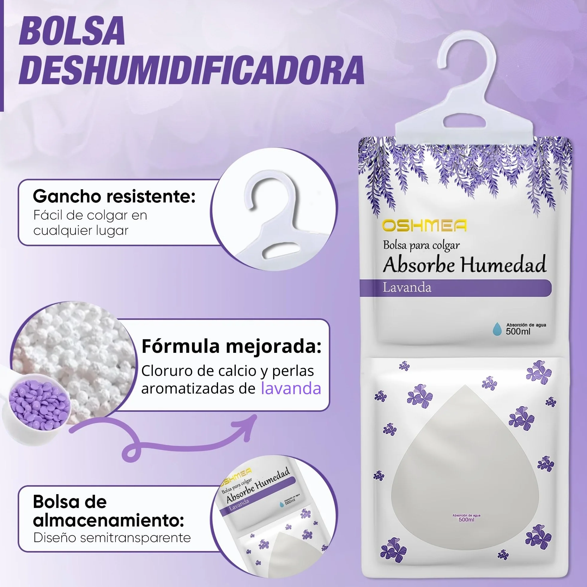 Bolsas Antihumedad PREMIUM 500ML 2 EN 1 Deshumidificador Armario Aroma Lavanda Absorbentes Humedad Condensación Quita Moho Olores