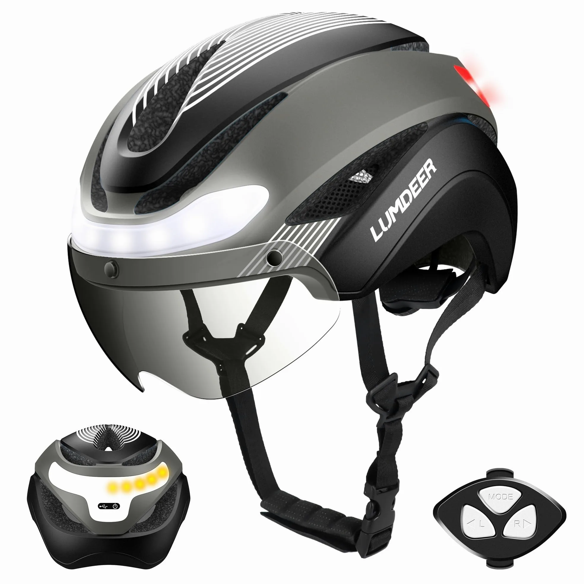 LUMDEER Ebike - Casco de bicicleta – LED intermitentes delanteros y traseros, luz de freno automática, gafas fotocromáticas, visera recargable, cascos de bicicleta ajustables para adultos, hombres y