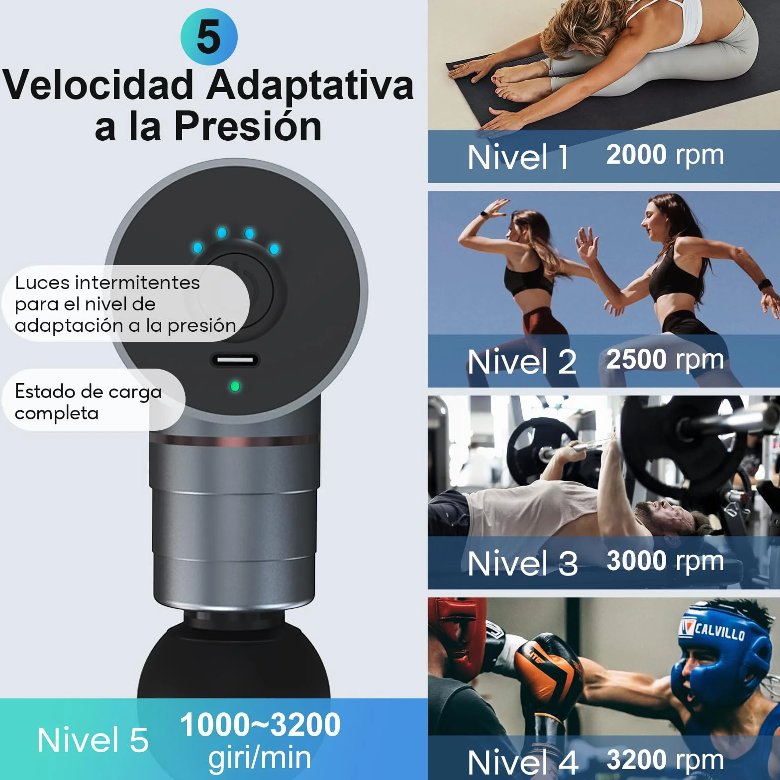 Arboleaf Pistola de Masaje Muscular Mini, Eléctrica 5 Velocidades 4 Cabezales Silicona, 0.47kg 3200rpm Bajo Ruido, 2000mAh Tipo-C Carga Gris