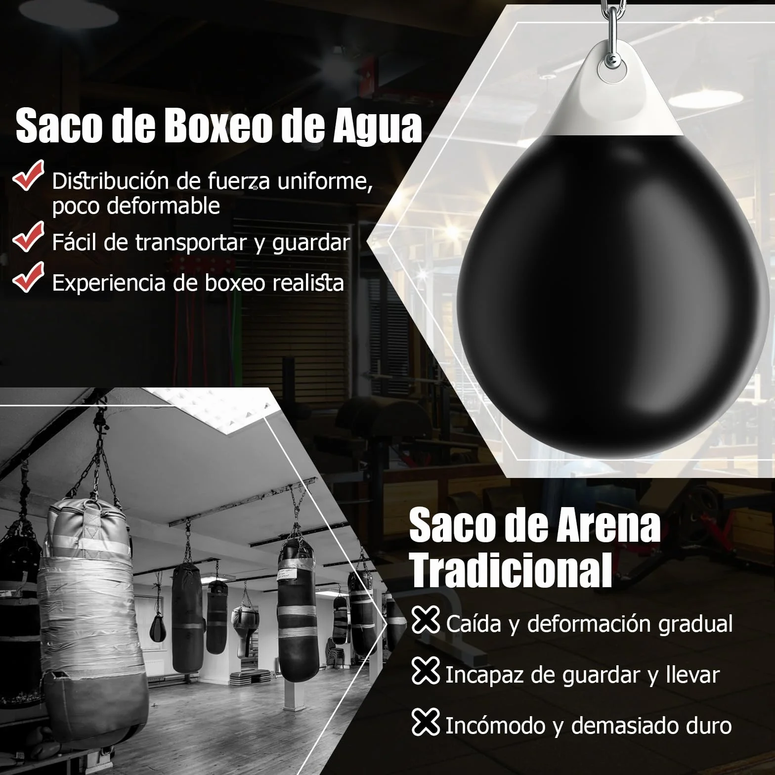 GYMAX Saco de Boxeo de Agua 45 cm 50 kg Cadena Metálica Ajustable