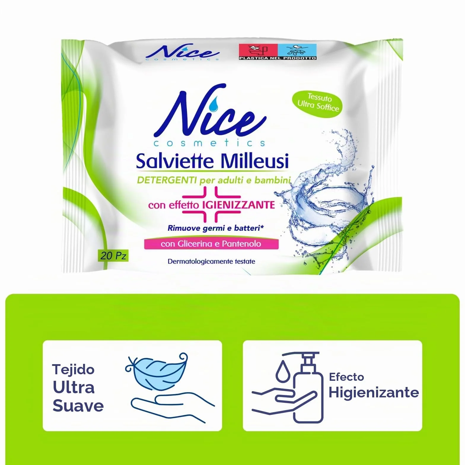 Nice Toallitas Desinfectantes Milleusi - Paquete de 20 Toallitas con Glicerina y Pantenol