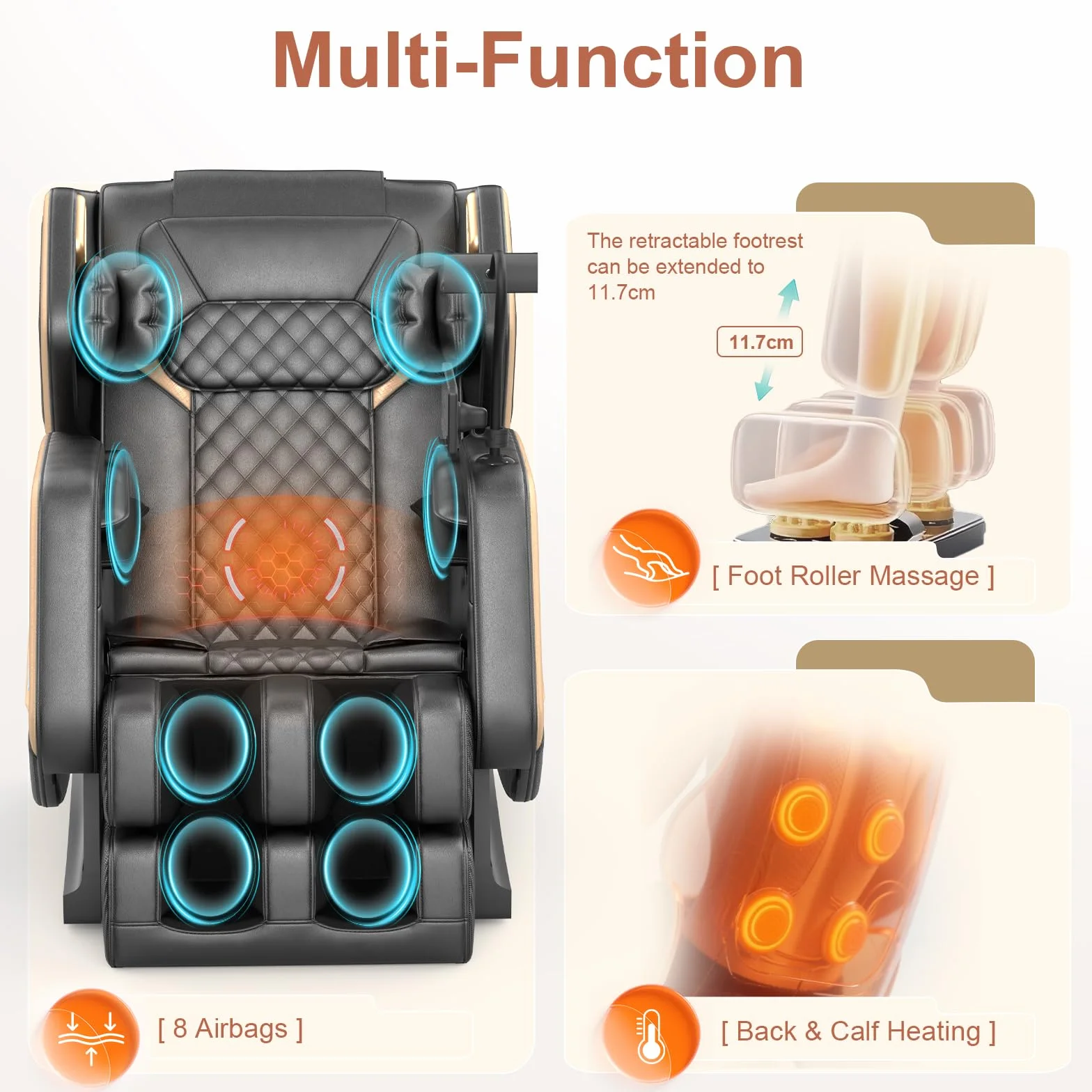 Sillón de Masaje para Todo el Cuerpo, 14 Rodillos, Calefacción, Masaje de Pies, 8 Airbags, Bluetooth, Mando a Distancia