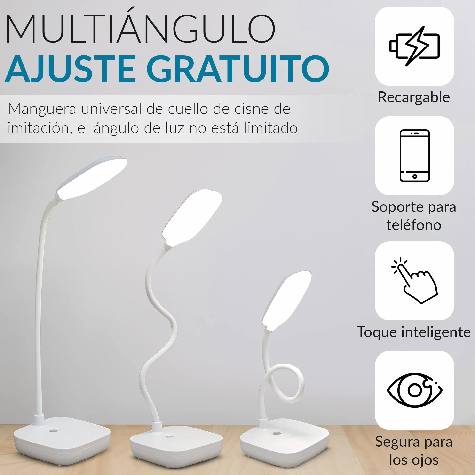 Lampara Escritorio LED Recargable, Flexo Flexible 3 Modos Luz, Control Tactil Ajustable para Oficina Estudio
