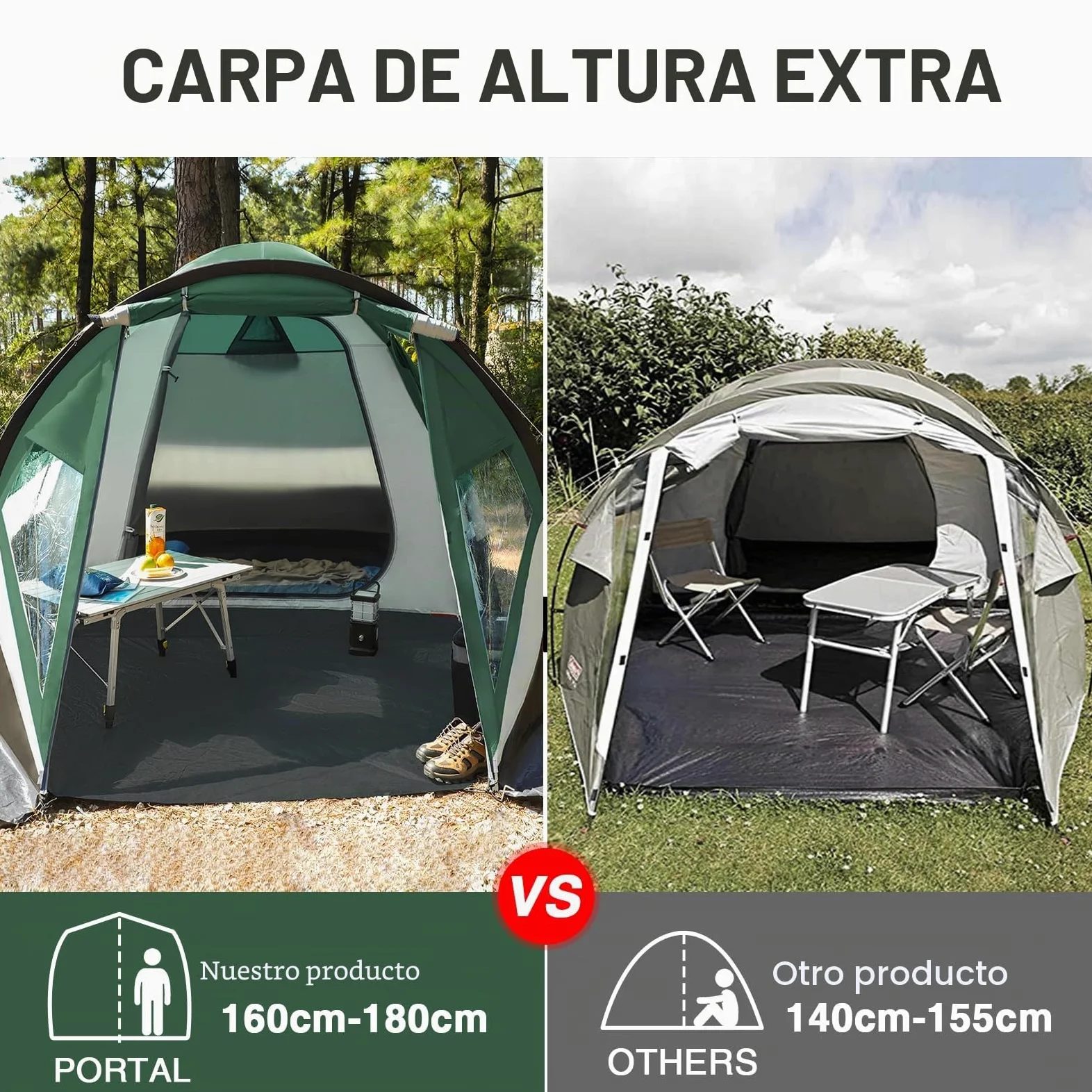 Portal Tienda de campaña para 4 personas, 180 cm, altura de pie, alta, camping, XXL, puerta lateral, ventana, 3-4 temporadas, 3000 mm, resistente al agua, exteriores
