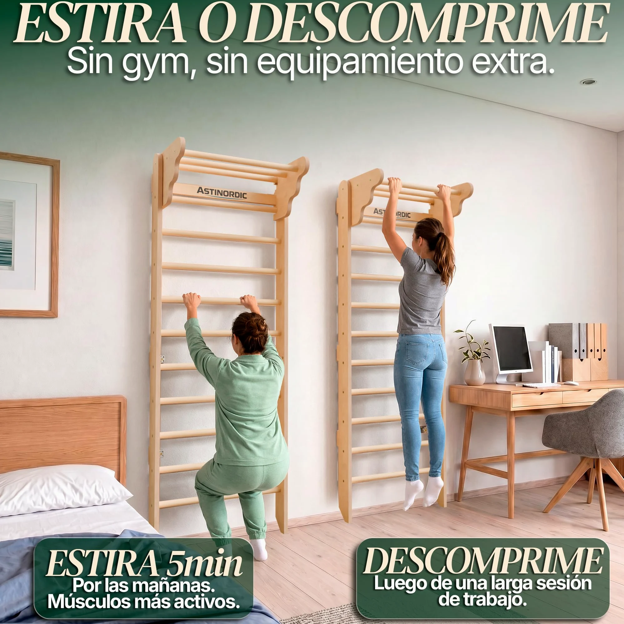 Espaldera Gimnasio Casa con Barra de Dominadas | Escalera Sueca Madera | Soporta hasta 150 kg | Montaje Fácil, Todo Incluido