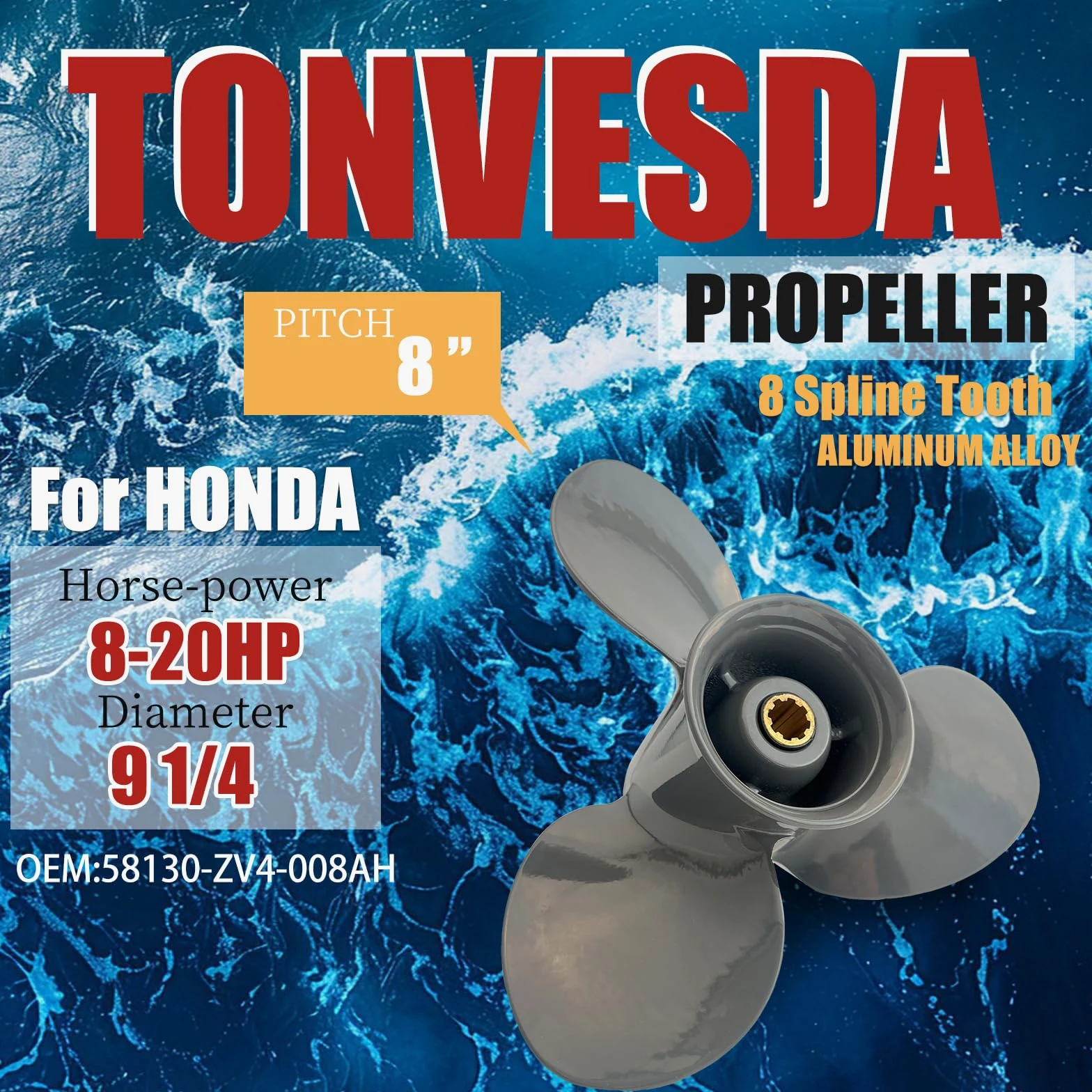 Hélice fuera de borda de aluminio para motores Honda 8HP 9.0HP 5HP 20HP, 9 1/4 x 8 9 1/4 x 9 9 1/4 x 10 9 1/4 x 11 9 1/4 x 12, 8 dientes estriados, derecha