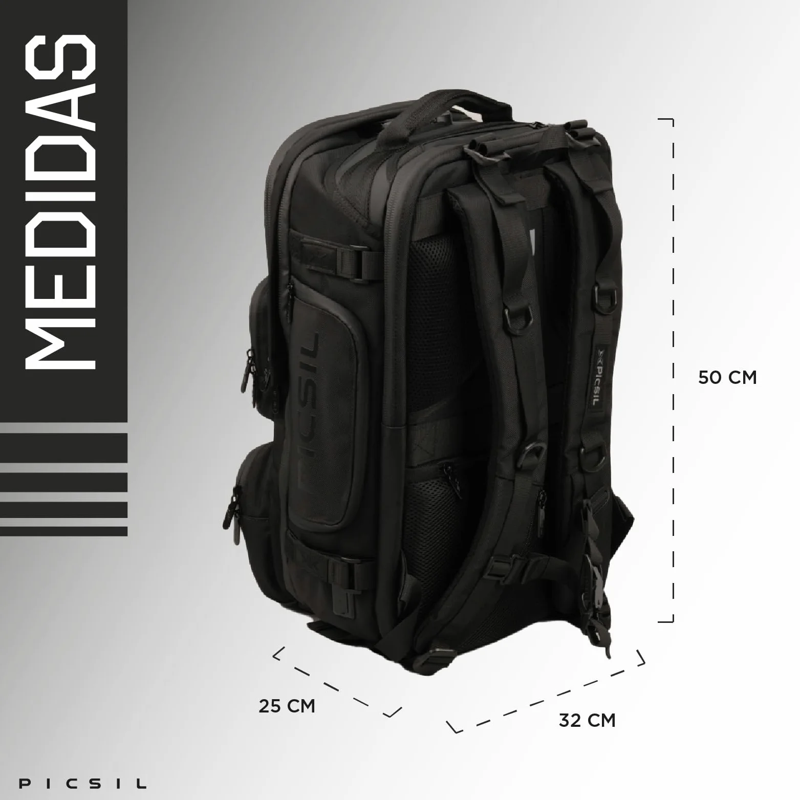 PICSIL Maverick, Mochila Táctica, Múltiples bolsillos - 40L, Moonless | Impermeable y resistente. Backpack con bolsillo térmico, puerto USB y compartimientos intelligentes. Para viaje o deporte.