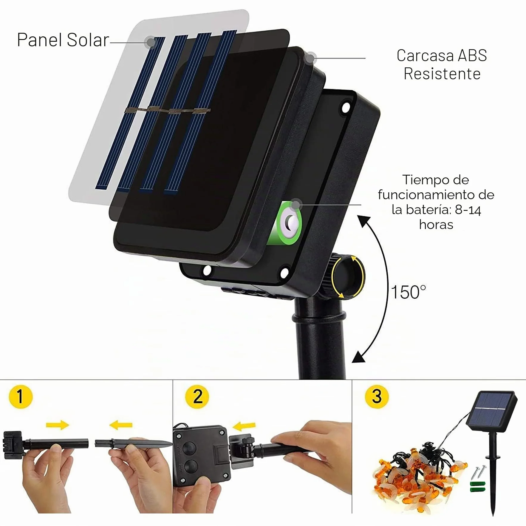 Augone Guirlande Lumineuse Solaire Extérieur 50 LED Abeille 7M 8 Modes Éclairage Étanche IP65 Blanc Chaud