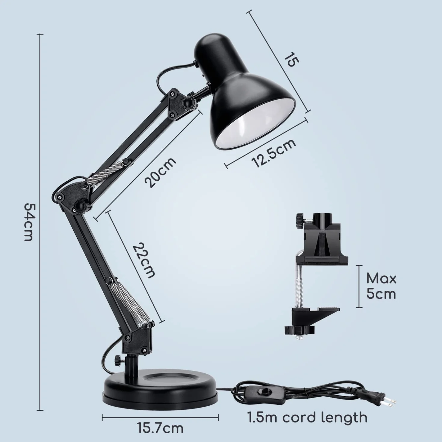 Aigostar Lámpara de Escritorio E27, Brazo articulado de metal, Lámpara de Mesa Ajustable Negro