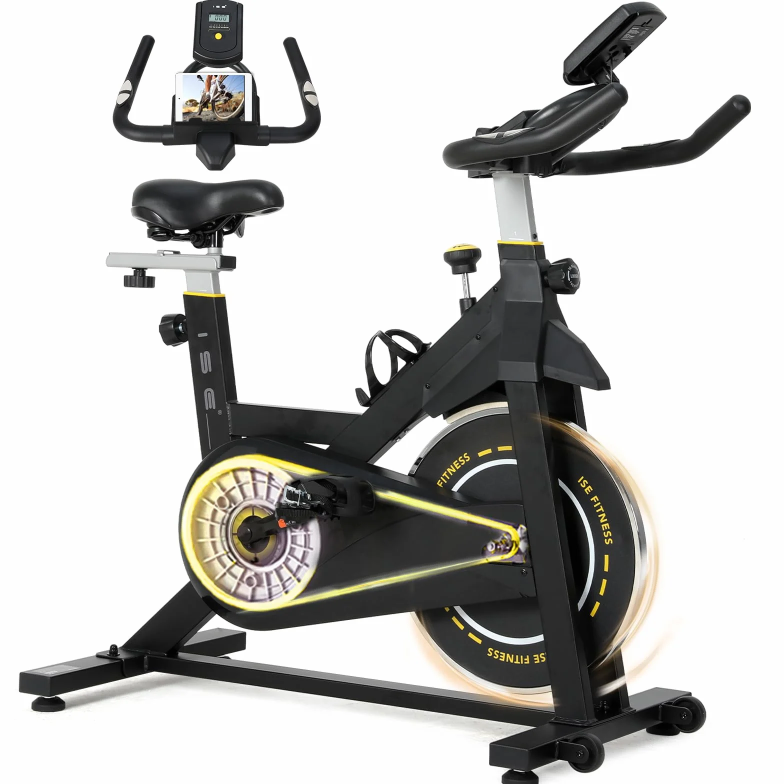 ISE Bicicleta Estática Ajustable Resistencia, Bici Estatica con LCD Pantalla, Soporte para teléfono móvil, Ipad y botella, Bicicleta Profesional, Sillín y Asa Ajustable, Max.120KG