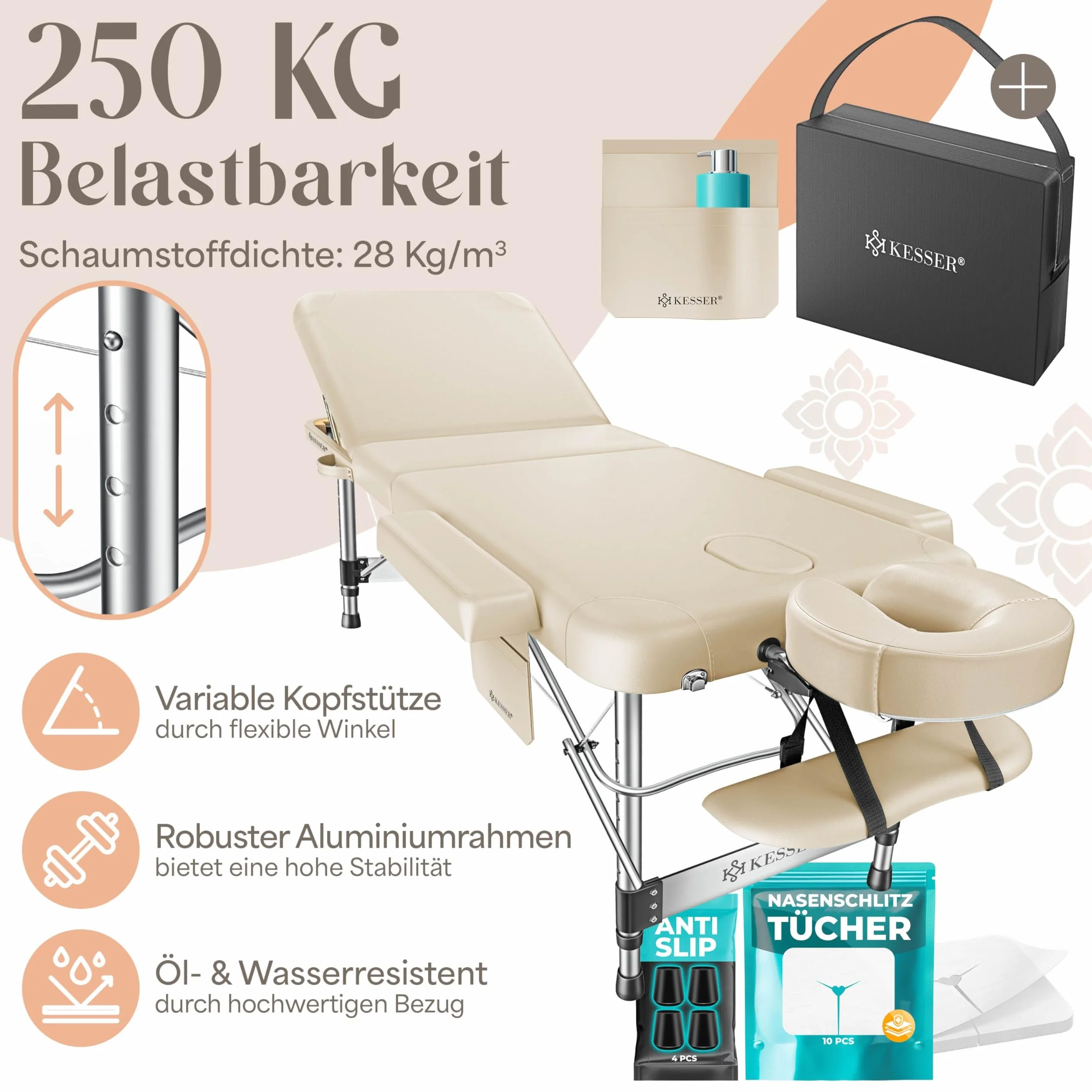 KESSER Camilla de Masaje Plegable Ajustable en Altura 3 Zonas Aluminio + Reposacabezas