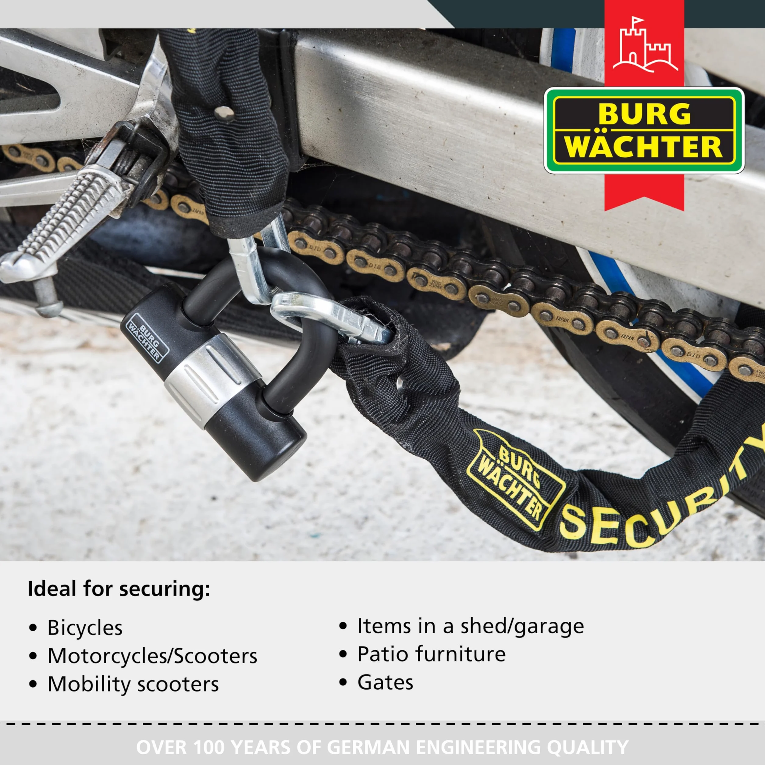 Burg-Wachter - Cadena de seguridad para bicicleta de 12 mm, color negro, 2 m
