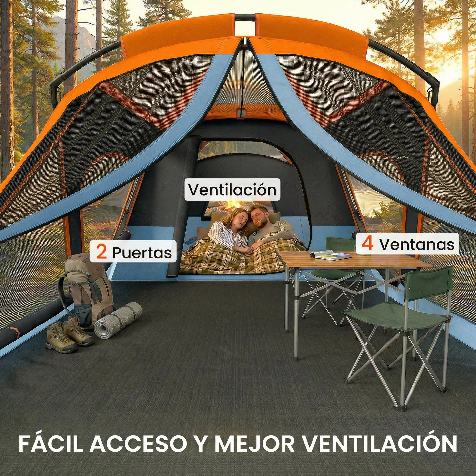 Outsunny Tienda de Campaña Familiar para 4 Personas Tienda Camping Plegable Tipo Túnel con 2 Habitaciones Puertas Ventanas Tragaluces Bolsa y Gancho Impermeable 3000 mm Fácil Montaje para Senderismo