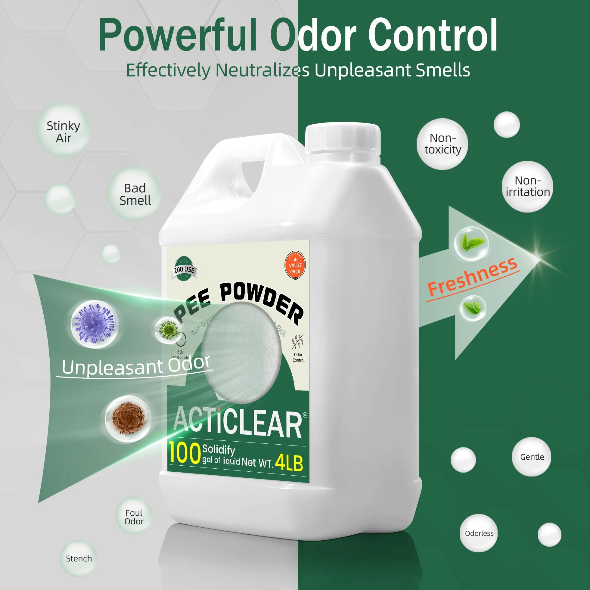 Pee Powder Gel – 2/4 libras rápida absorción en 60 segundos y neutralizador de olores para inodoros portátiles, camping y artículos esenciales al aire libre