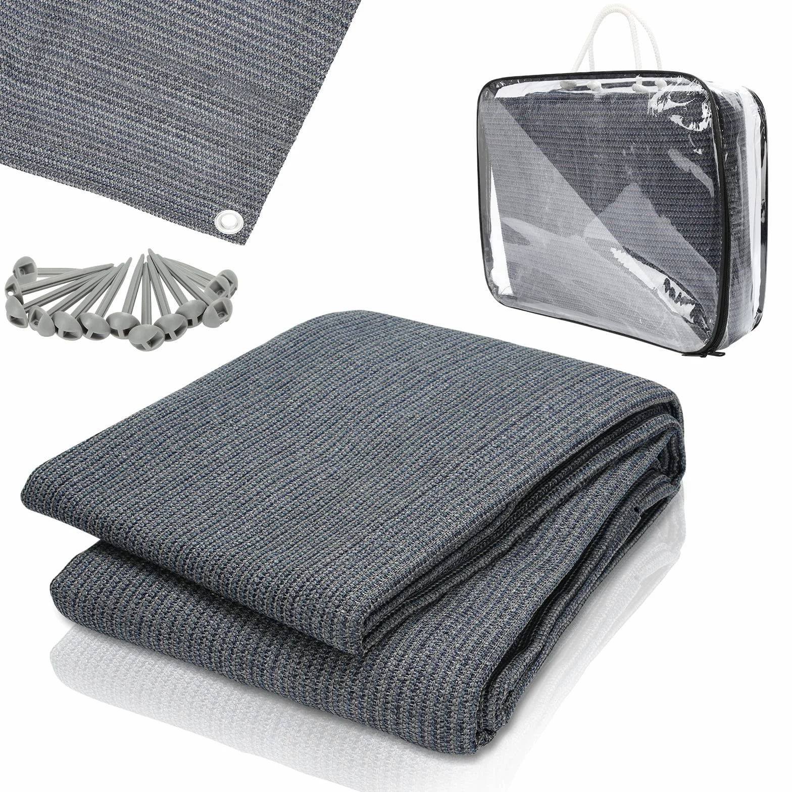 Alfombra para tienda de campaña con 12 agujeros, 13 estacas y bolsa de transporte, de HDPE, transpirable, antideslizante, gris y azul