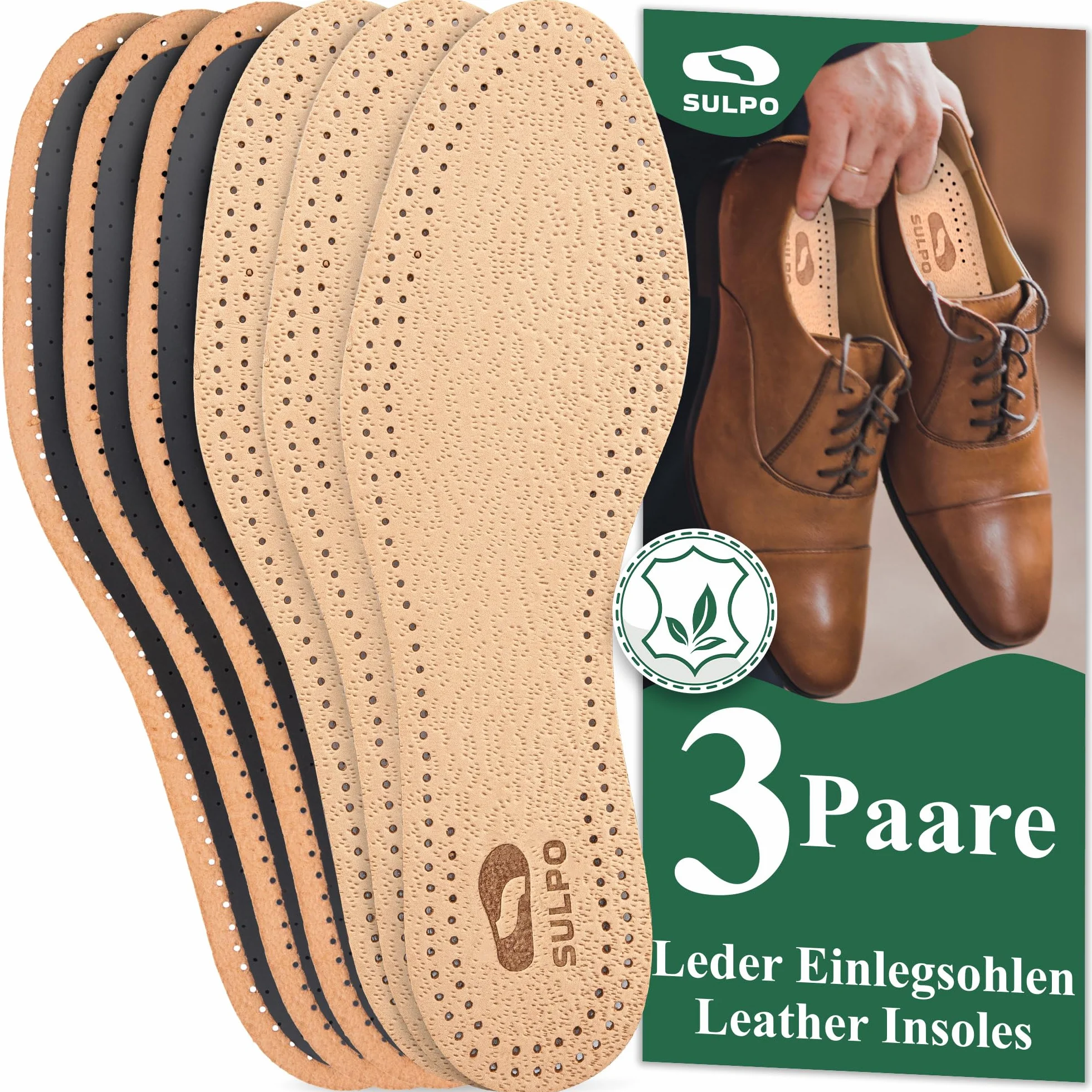 SULPO 3 pares plantillas piel auténtica carbón activado absorben olores antisudor transpirable