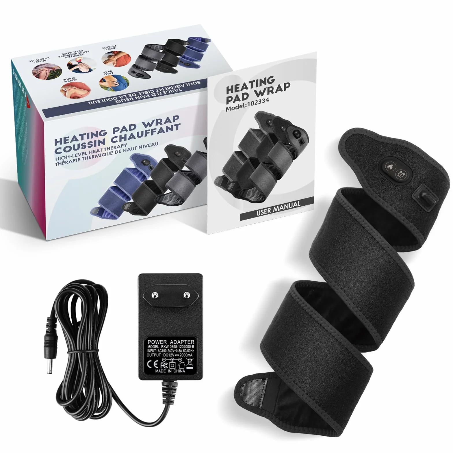 Envoltura De Almohadilla Térmica Para Brazo, Almohadilla Térmica Para Tobillo Pierna Codo Muñeca, Cinturón Envolvente Térmico Con 4 Niveles De Calefacción, 3 Ajustes De Tiempo, Adaptador -Negro