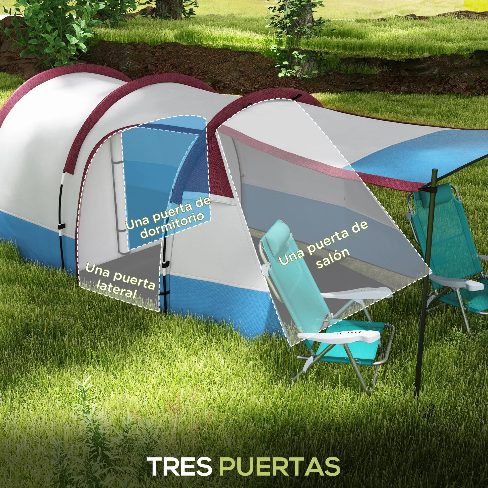 Outsunny Tienda de Campaña Familiar para 3 Personas Tienda Camping Plegable Ligera con 2 Habitaciones Bolsa de Transporte Impermeable 2000 mm para Playa Senderismo 420x200x150 cm