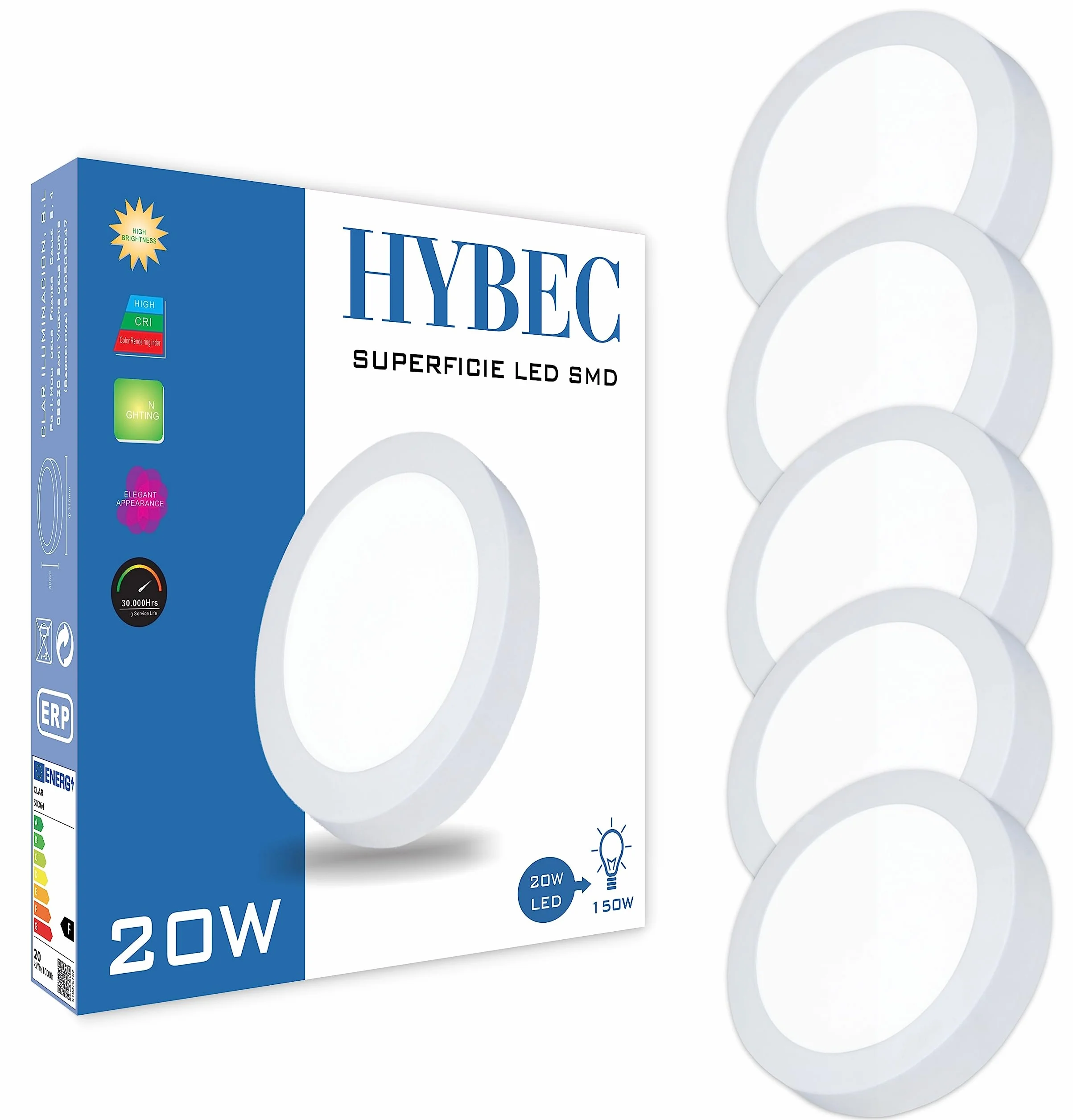 Plafón LED Techo Superficie 20W Blanco Cálido 3000K Pack 5