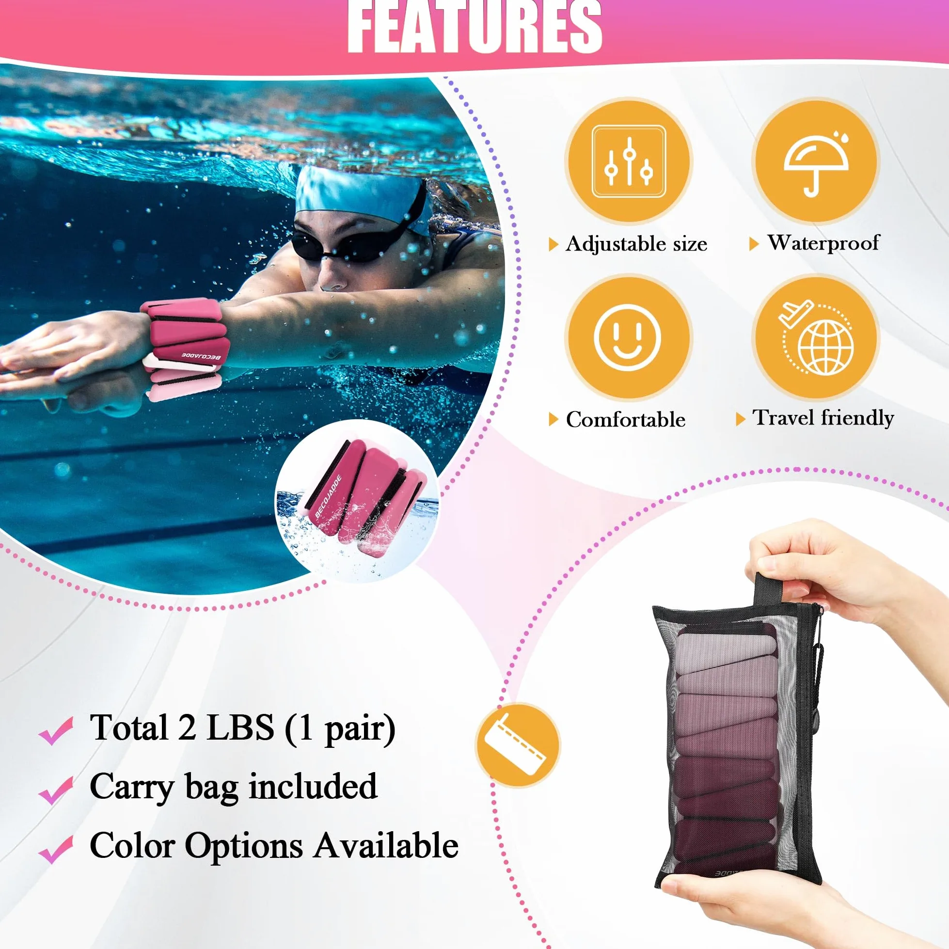 BECOJADDE Juego de 2 pesas de tobillo para mujer (1 libra/2 libras cada una), pesas ajustables para brazo y pierna para mujeres y hombres, adecuadas para caminar, nadar, correr, pilates, yoga