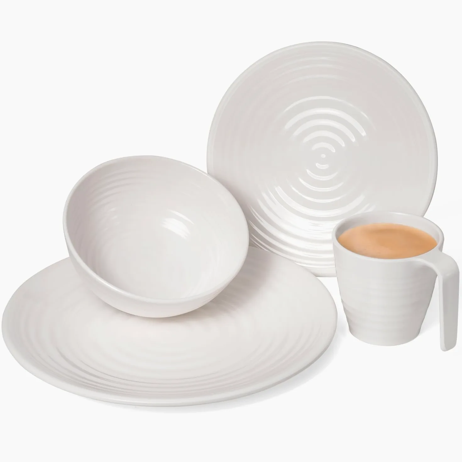 Vajilla de melamina para camping, 4 personas, diseño crema, 16 piezas + 4 vasos Milano de vasos de agua, vajilla de pícnic, barbacoa