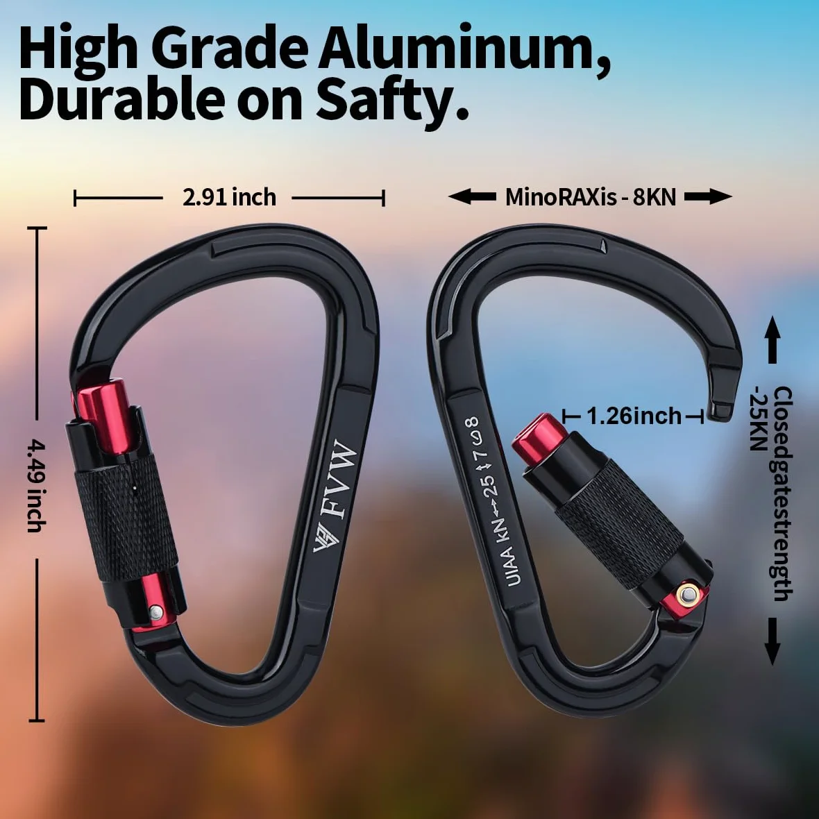 Mosquetón de Escalada con Bloqueo automático, Profesional de 25 KN (2,549.2 kg), caribeaners Resistentes para Rappel, Columpio, Rescate y Gimnasio, etc., mosquetones Grandes en Forma de D